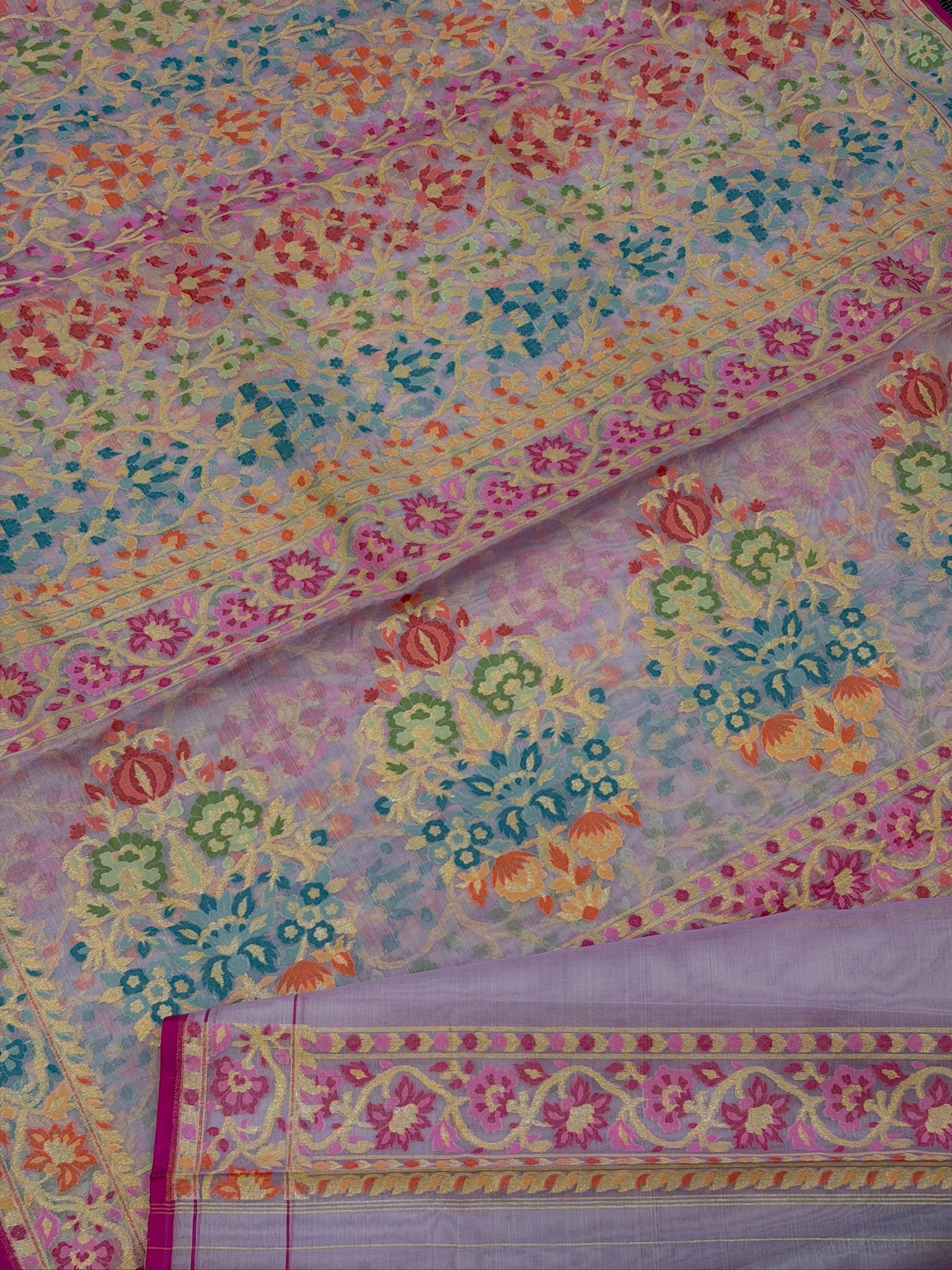 Handwoven Kora Jamdani Silk Saree – Lilac Lavender with Floral Zari Border