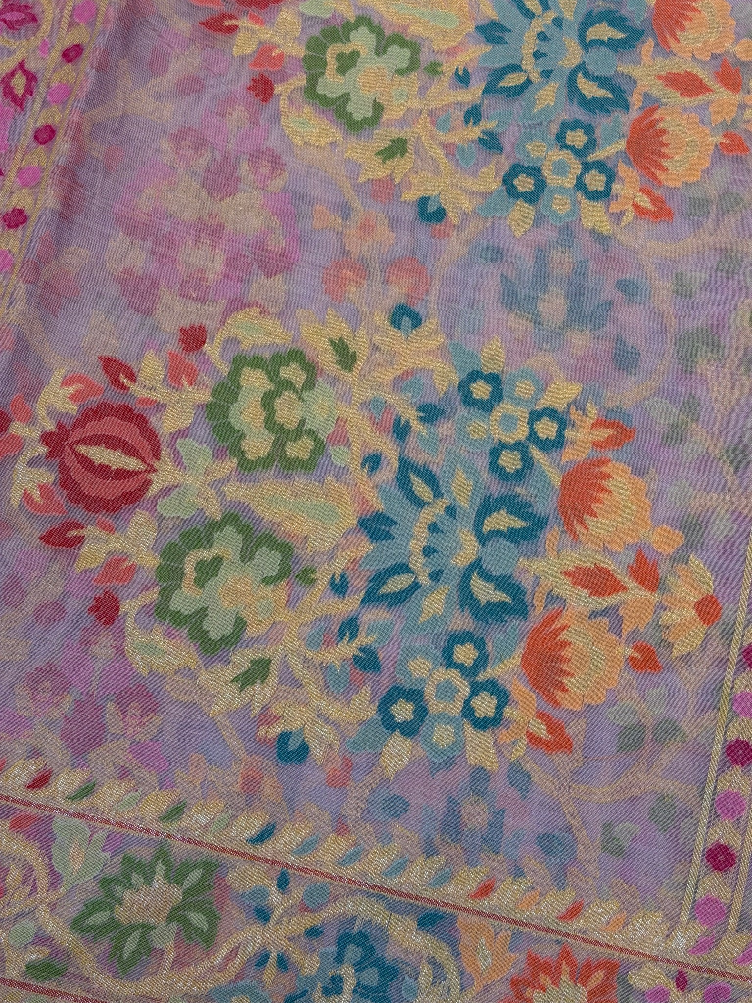 Handwoven Kora Jamdani Silk Saree – Lilac Lavender with Floral Zari Border