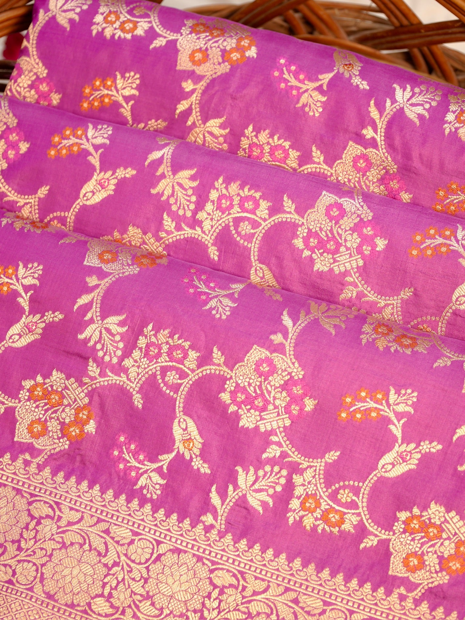 Lavender Pure Katan Silk Saree | Minakari Pattu Style
