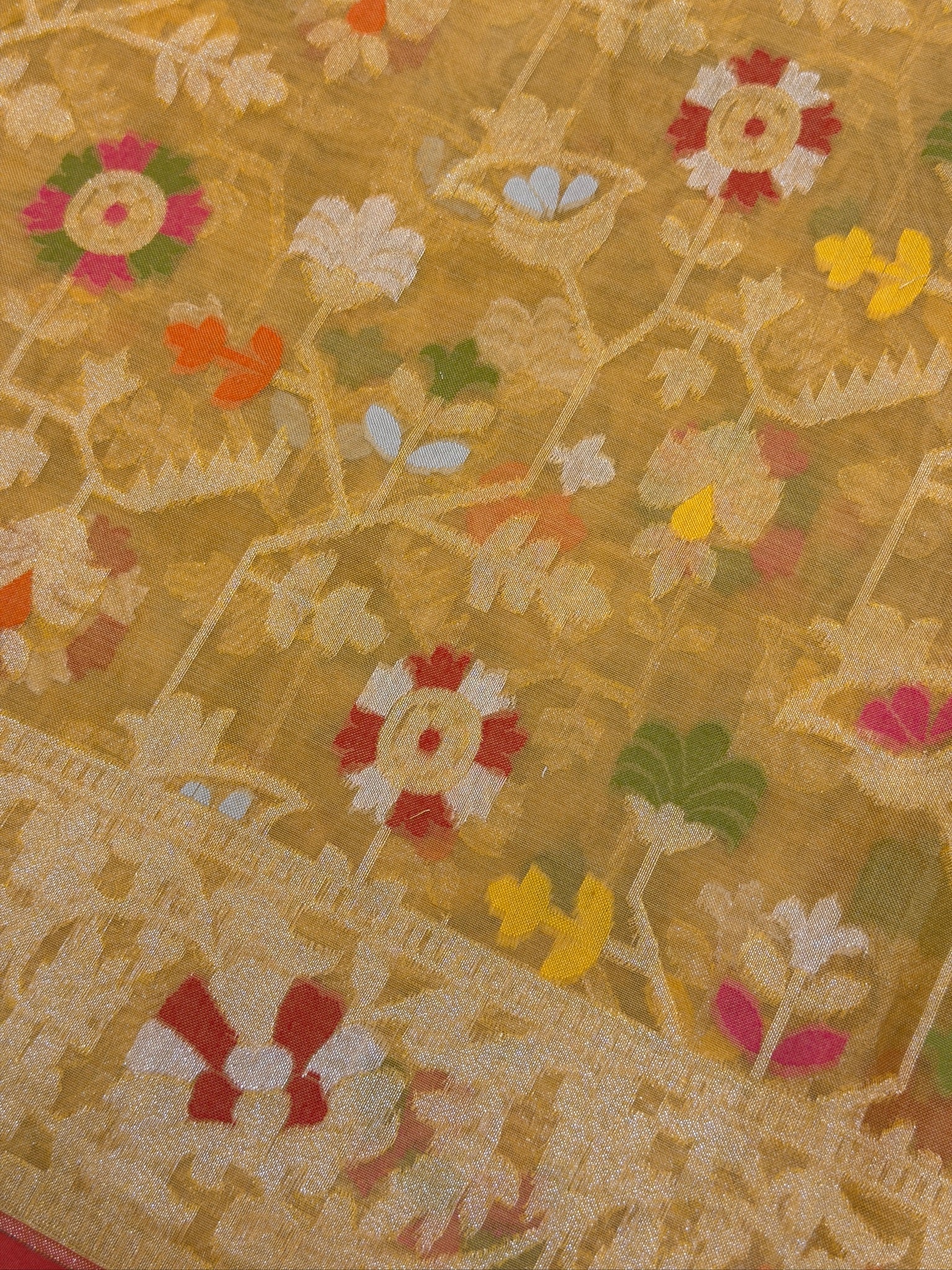 Handwoven Kora Jamdani Silk Saree – Mustard Gold with Floral Zari Border