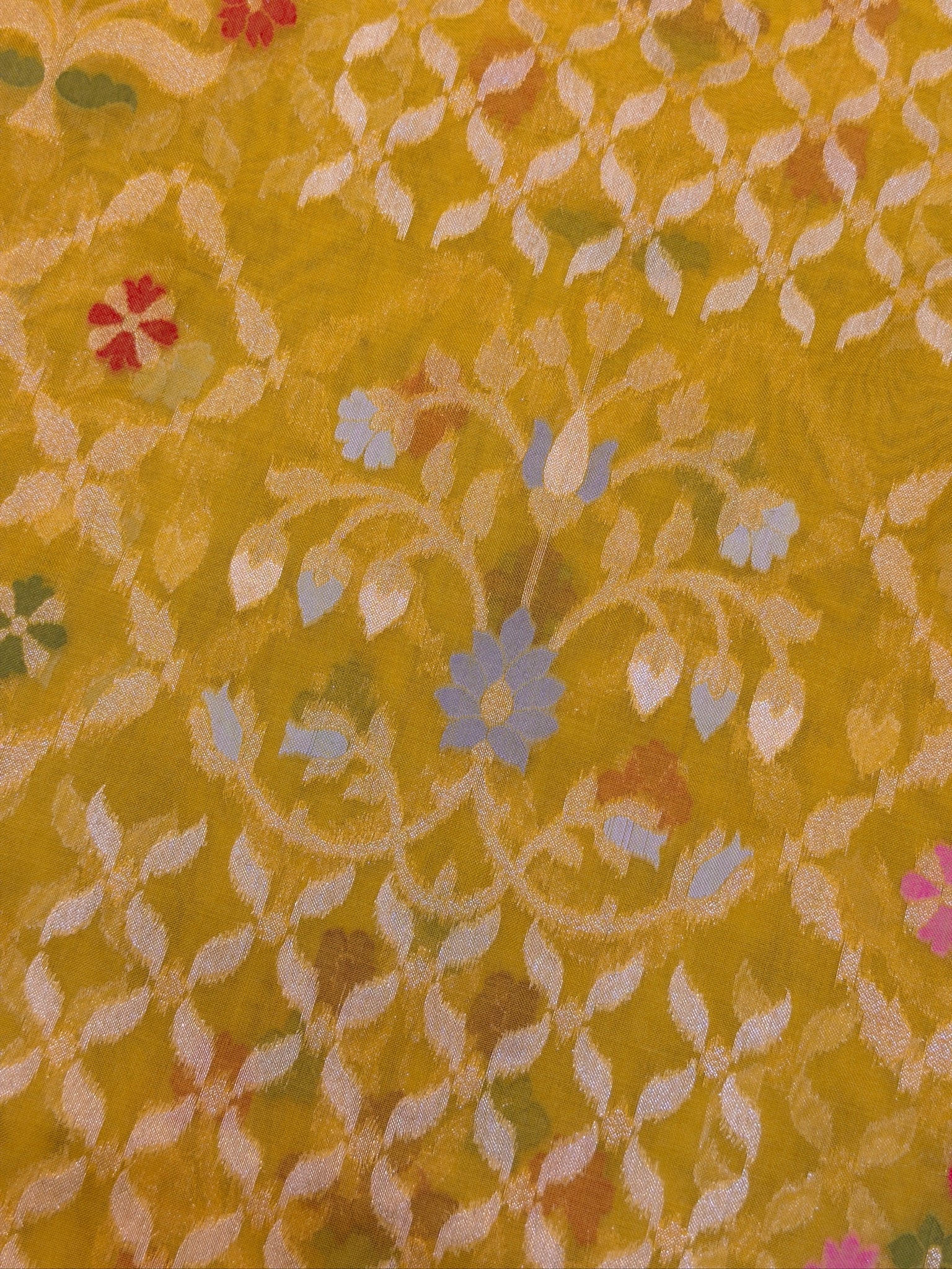 Handwoven Kora Jamdani Silk Saree –  Mustard Gold with Floral Zari Border