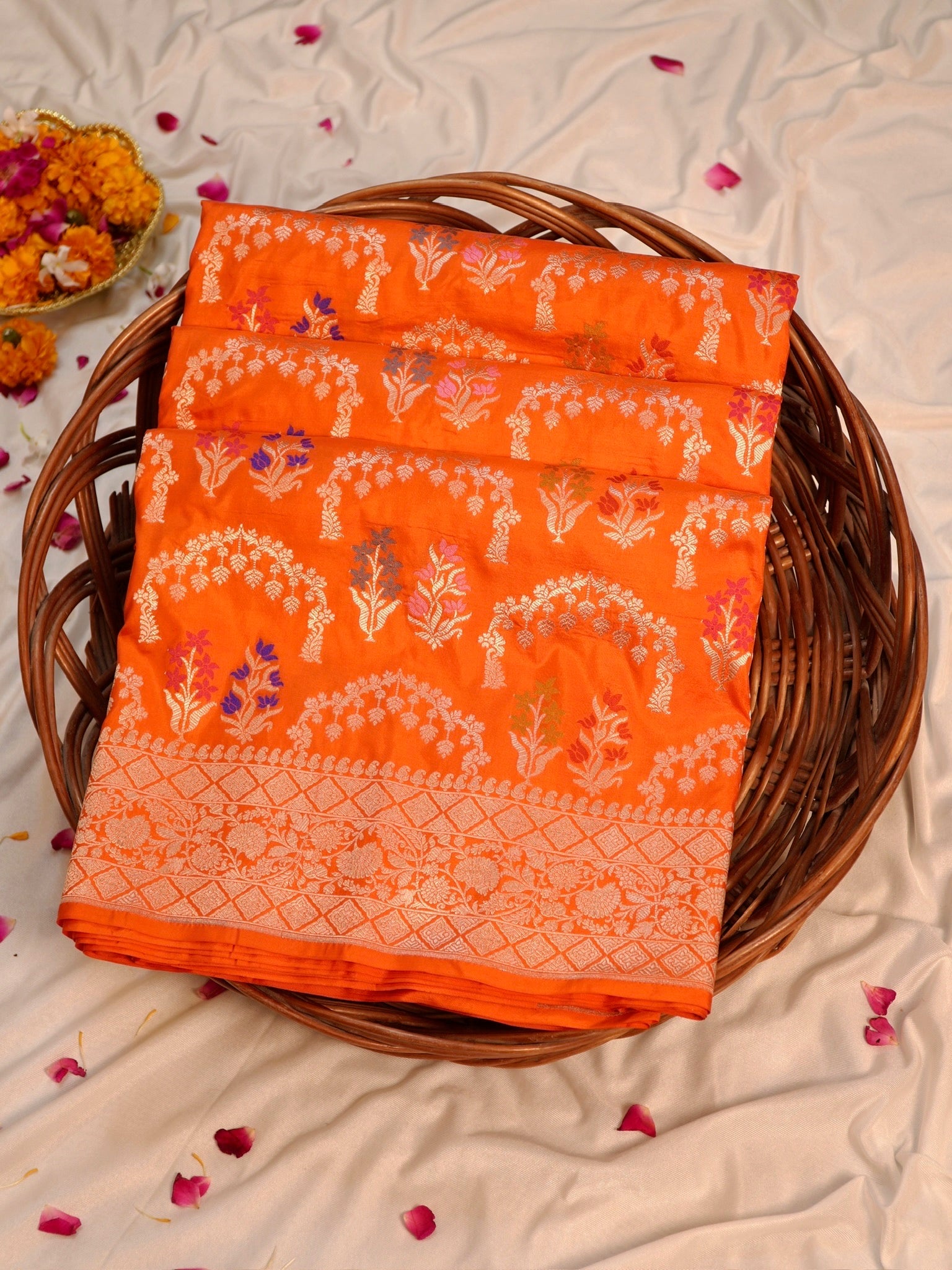 Orange Pure Katan Silk Saree |Minakaari Pattu Style