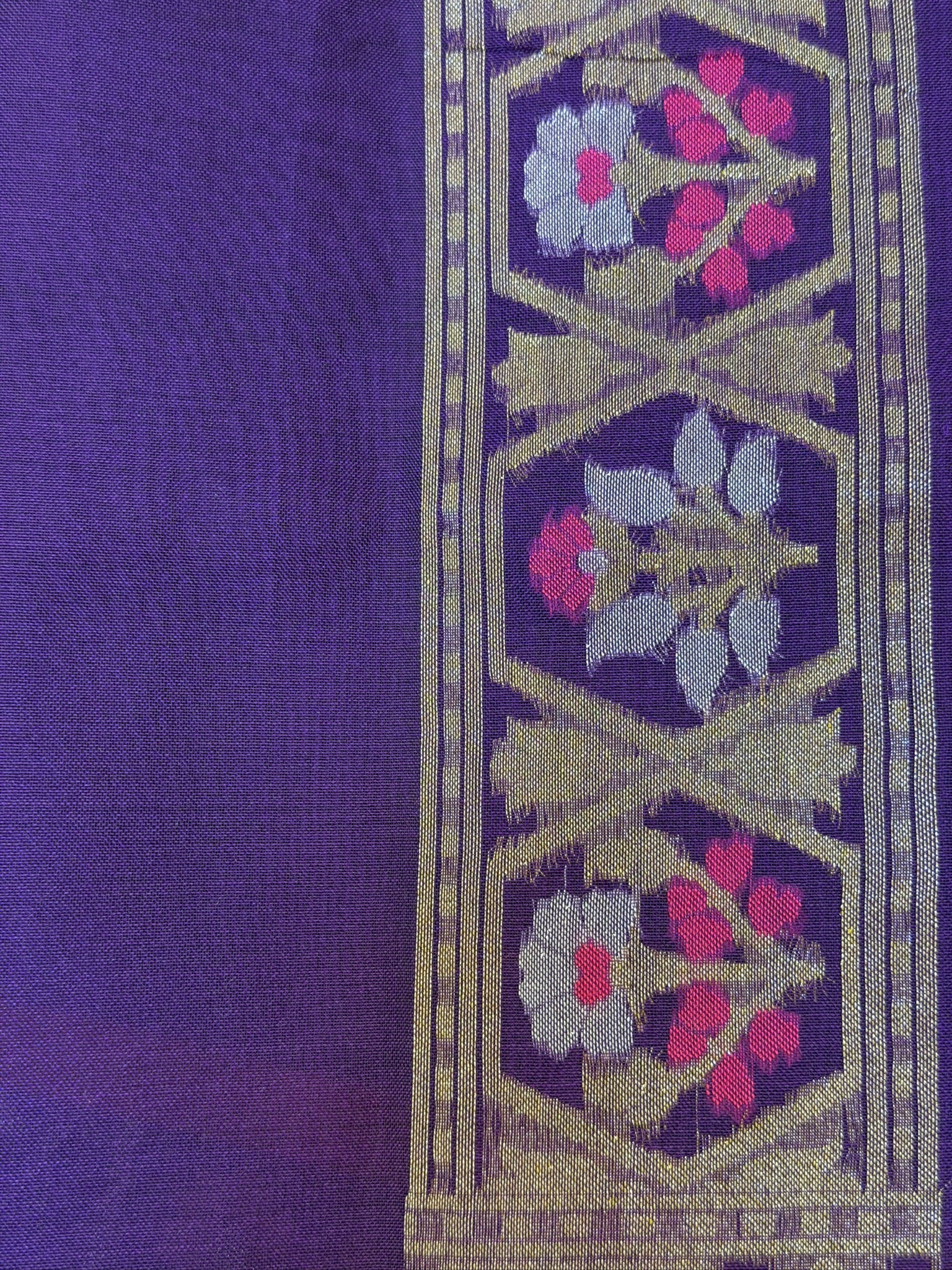 Handwoven Kora Jamdani Silk Saree – Purple with Floral Zari Border