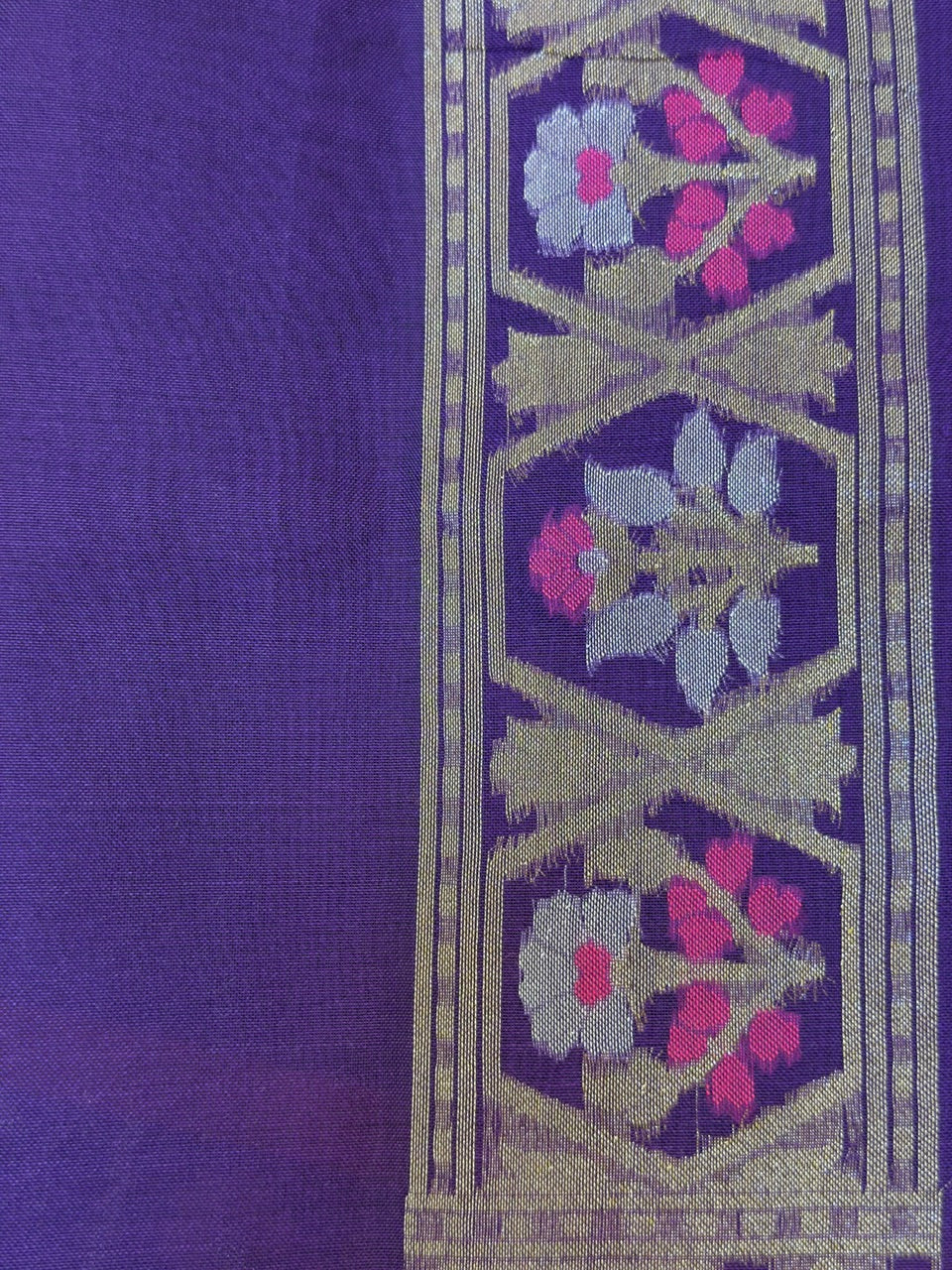 Handwoven Kora Jamdani Silk Saree – Purple with Floral Zari Border