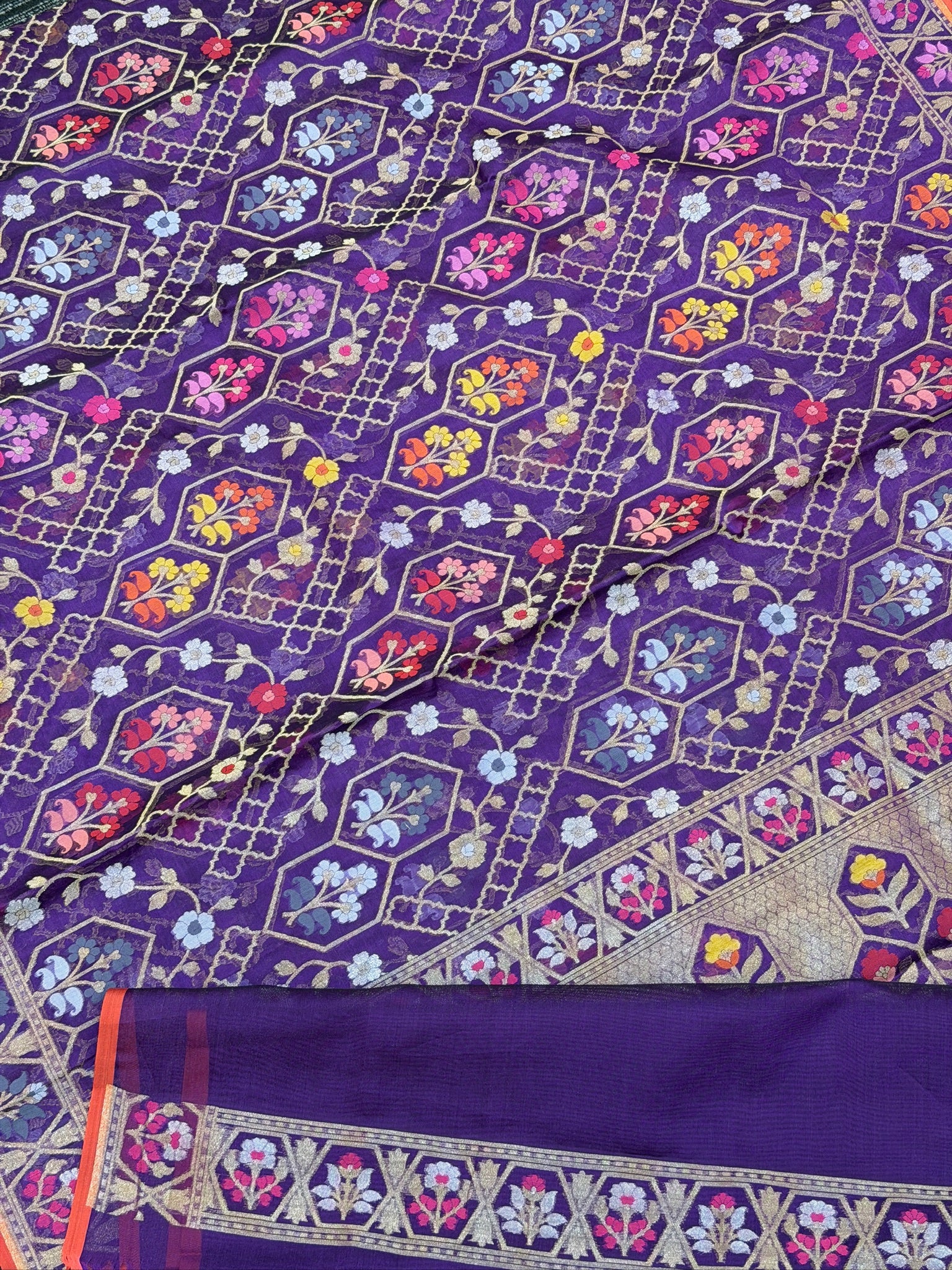 Handwoven Kora Jamdani Silk Saree – Purple with Floral Zari Border