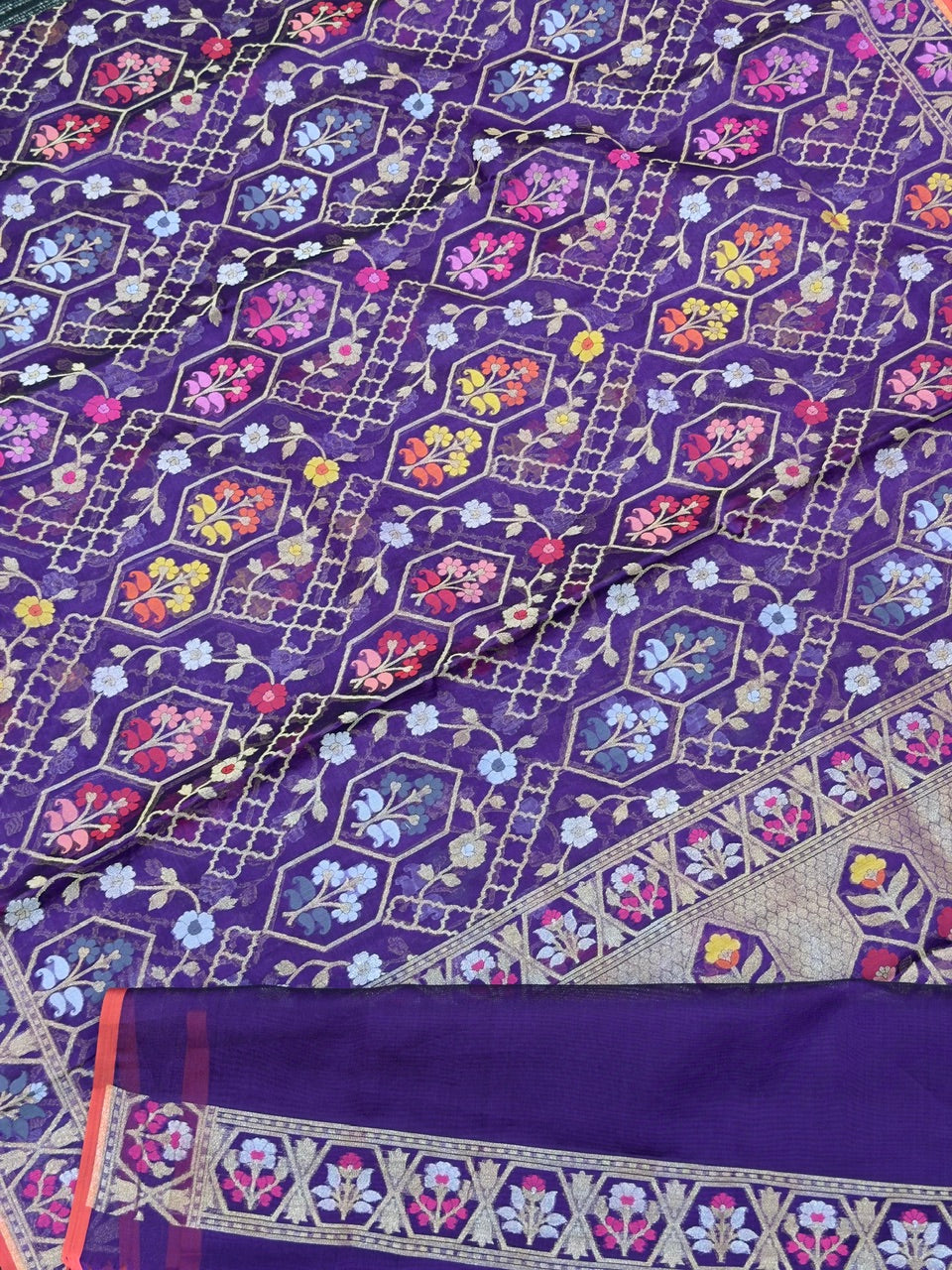 Handwoven Kora Jamdani Silk Saree – Purple with Floral Zari Border