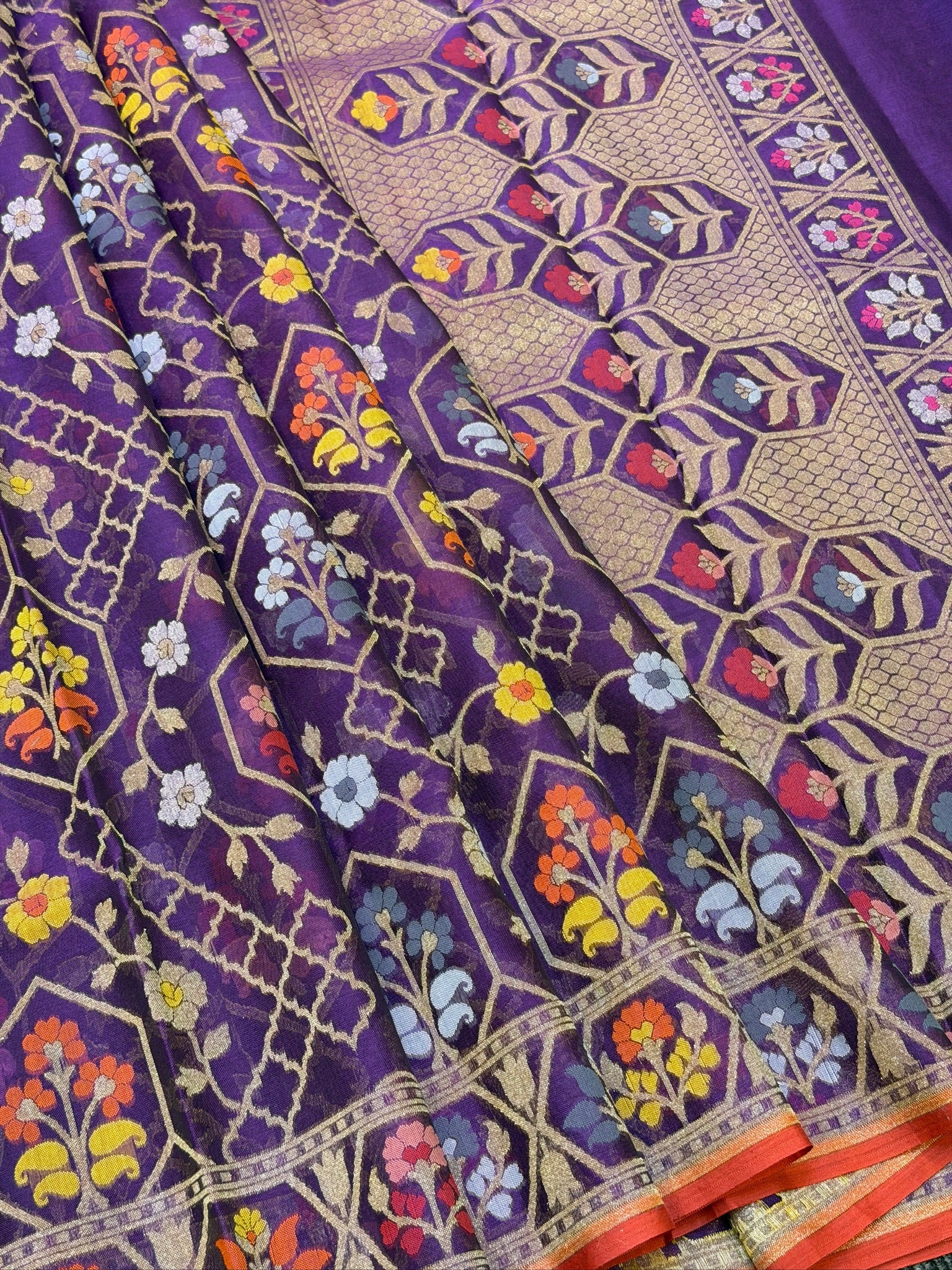 Handwoven Kora Jamdani Silk Saree – Purple with Floral Zari Border