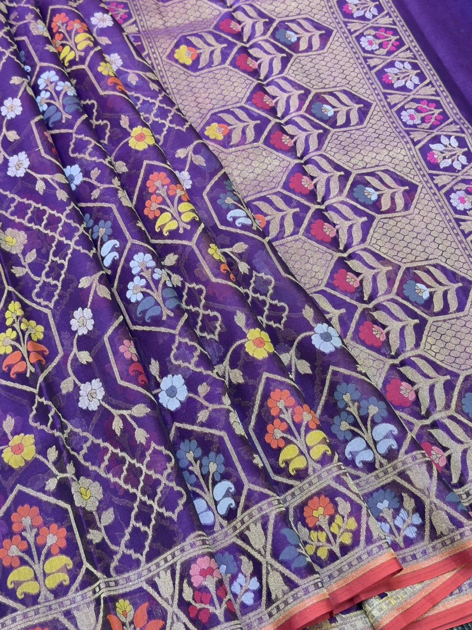 Handwoven Kora Jamdani Silk Saree – Purple with Floral Zari Border