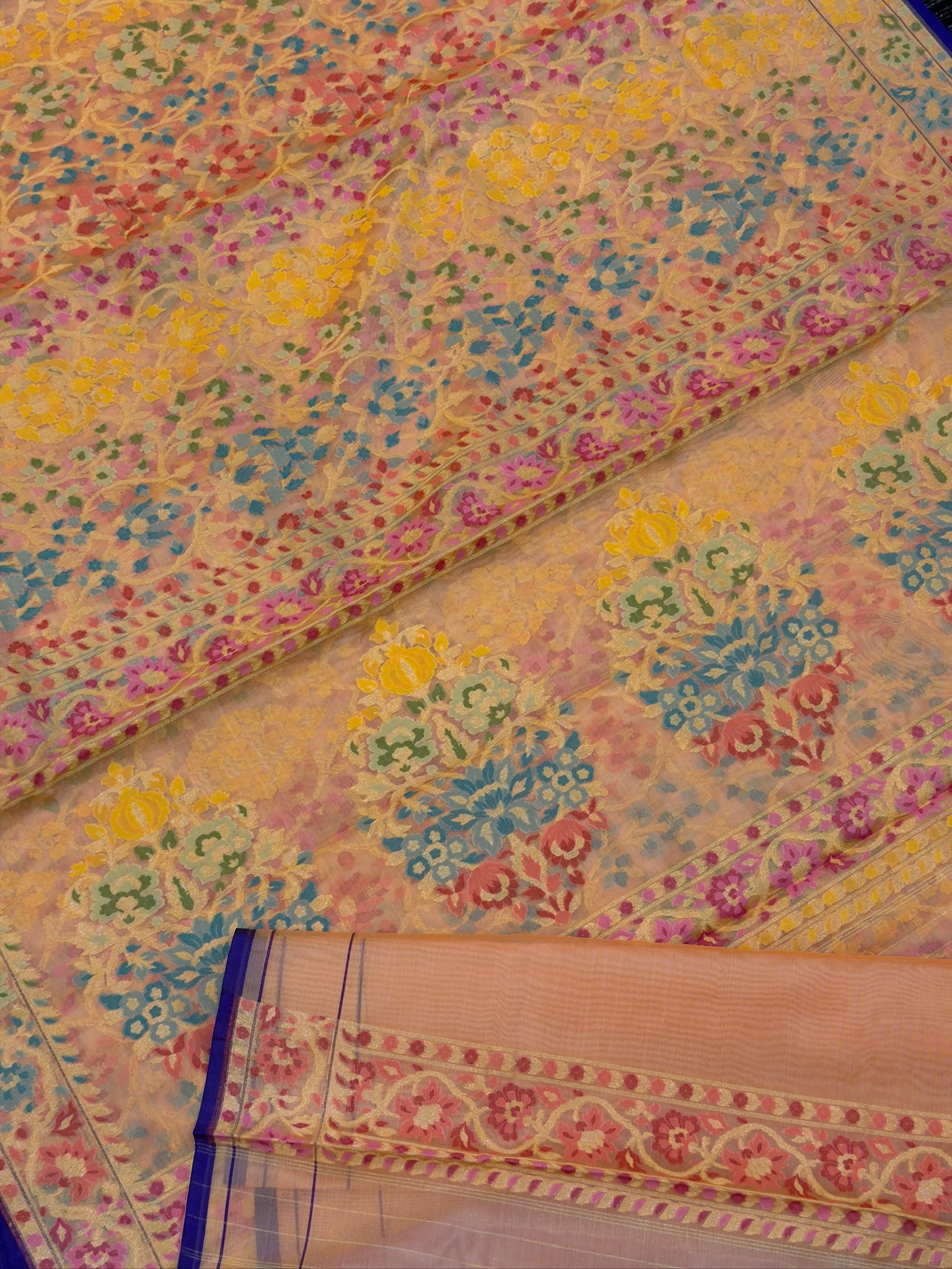 Handwoven Kora Jamdani Silk Saree –  Blush Peach with Floral Zari Border