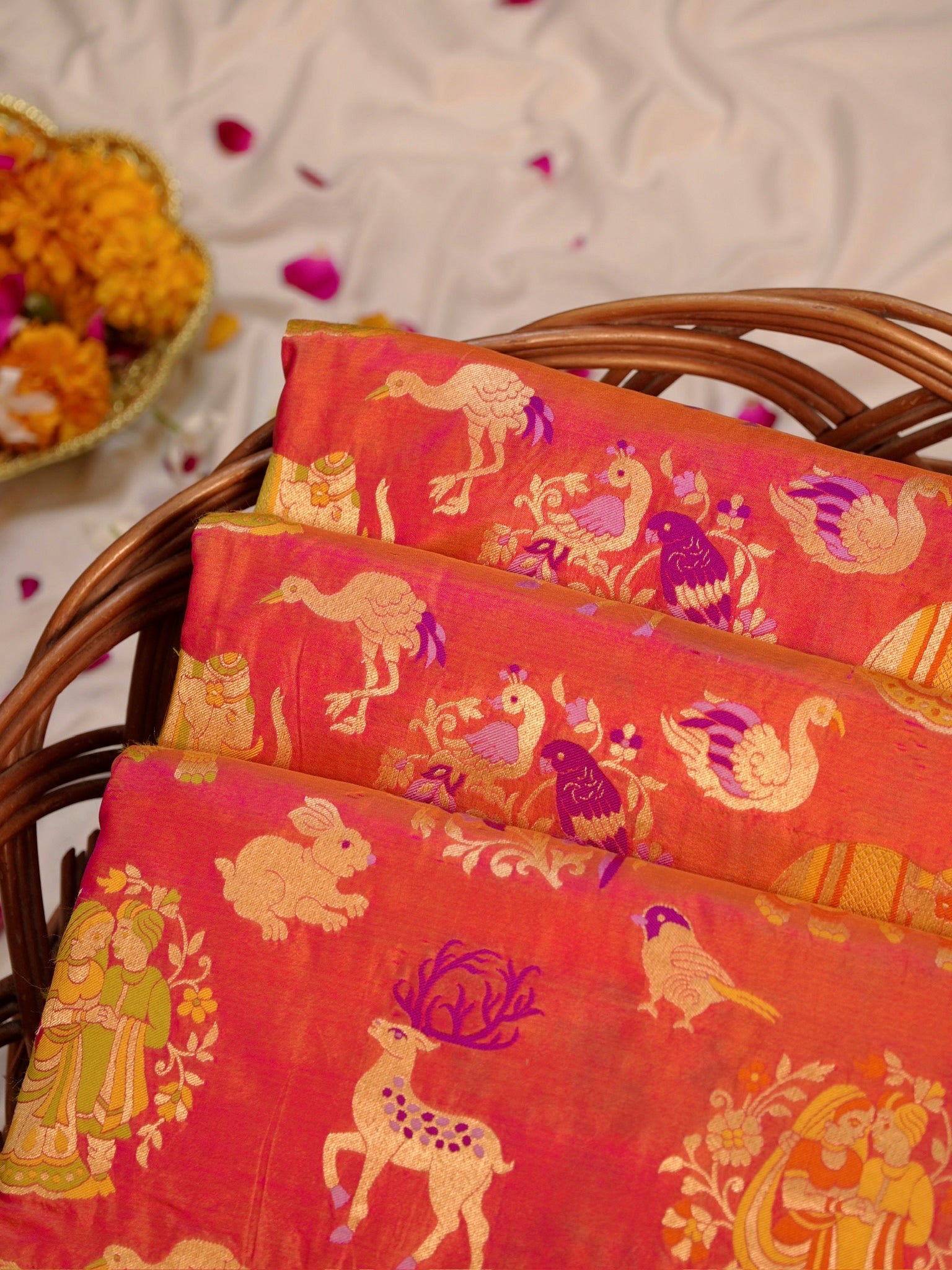 Orangish gold Pure Katan Silk Saree |Minakaari Pattu Style