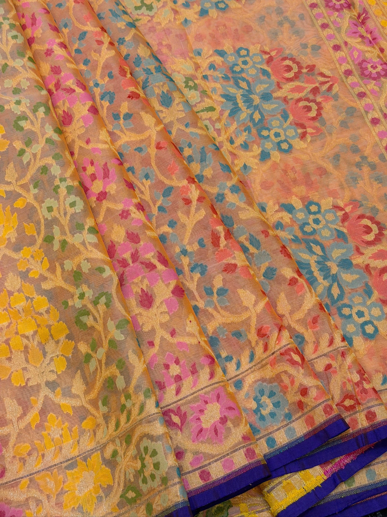 Handwoven Kora Jamdani Silk Saree –  Blush Peach with Floral Zari Border