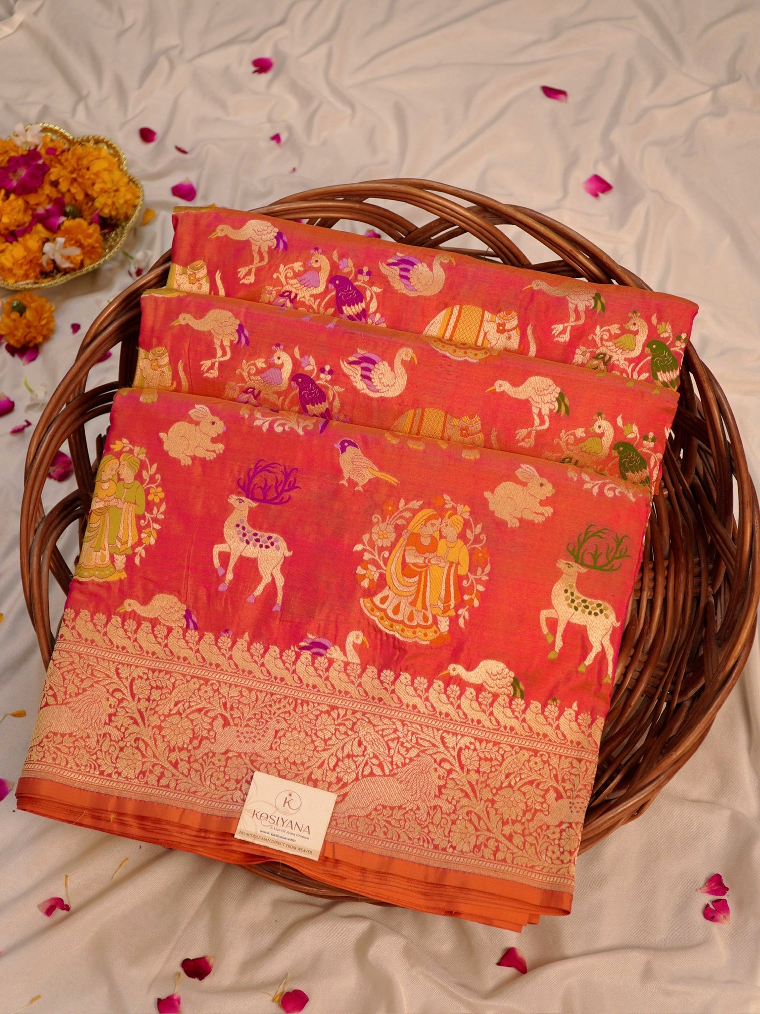 Orangish gold Pure Katan Silk Saree |Minakaari Pattu Style