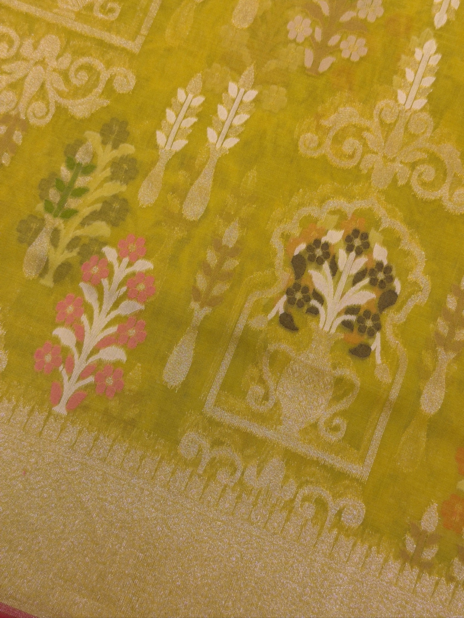 Handwoven Kora Jamdani Silk Saree – Mustard Gold with Floral Zari Border