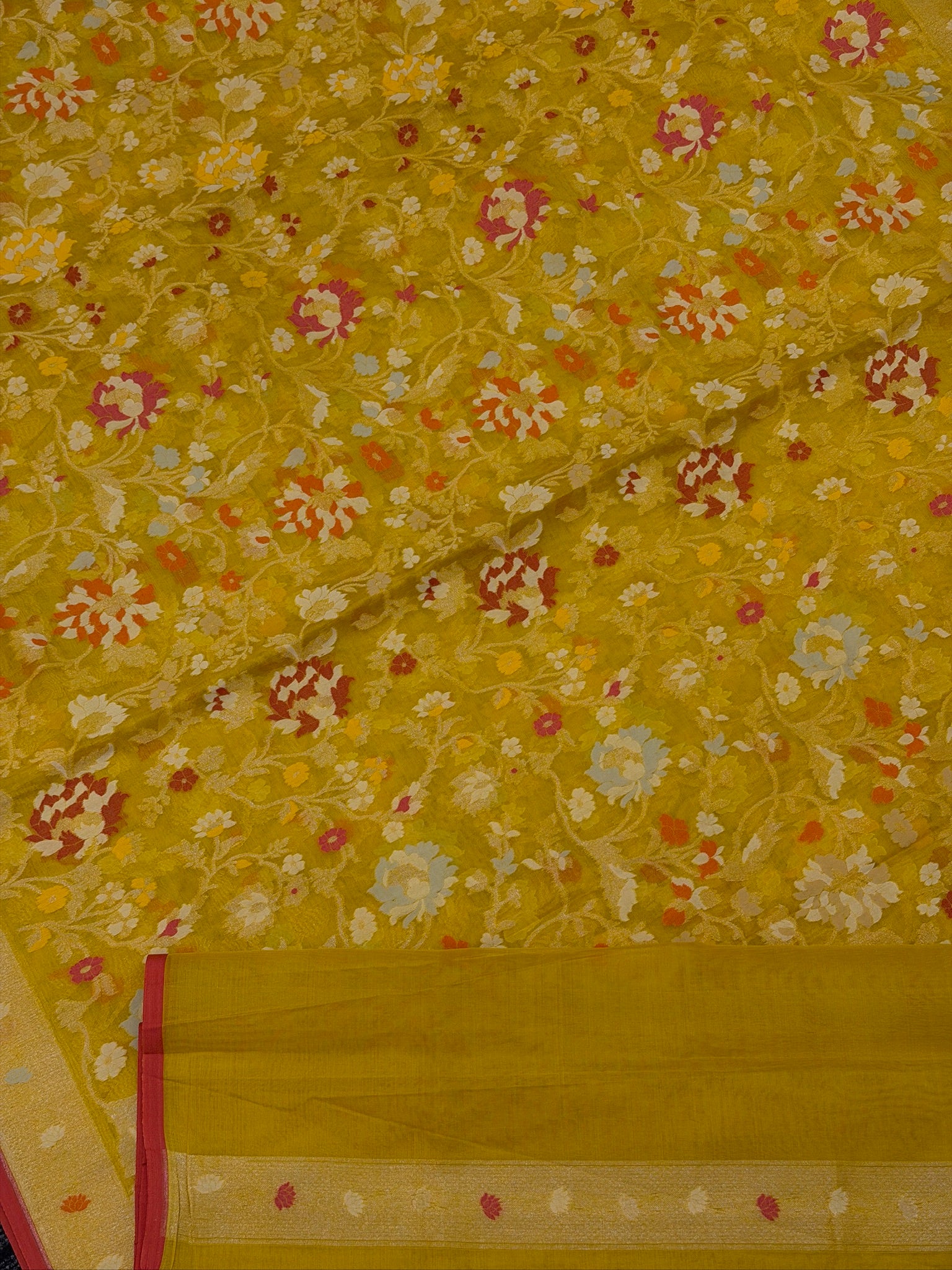 Handwoven Kora Jamdani Silk Saree – Yellow with Floral Zari Border