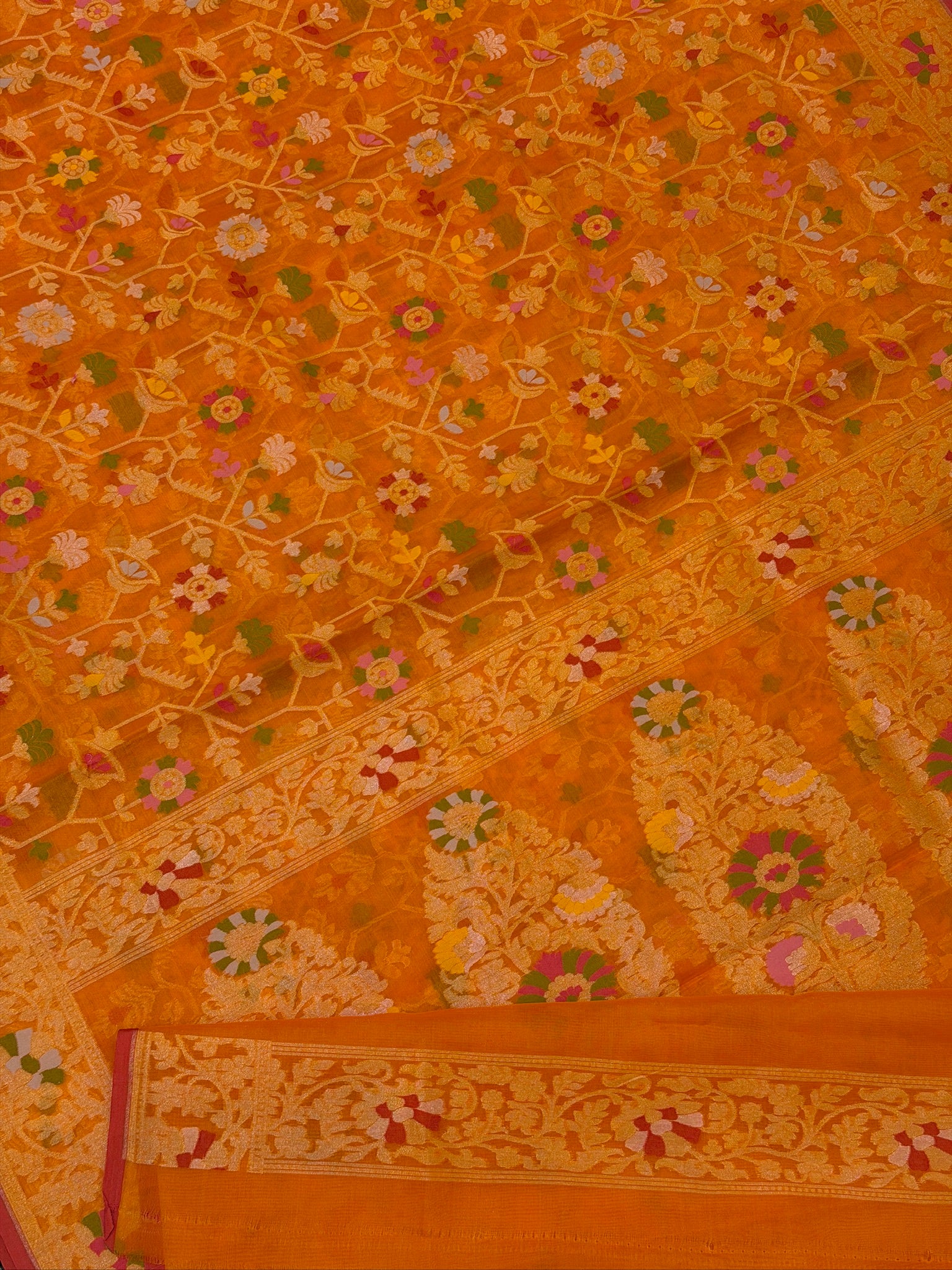 Handwoven Kora Jamdani Silk Saree – Orange with Floral Zari Border