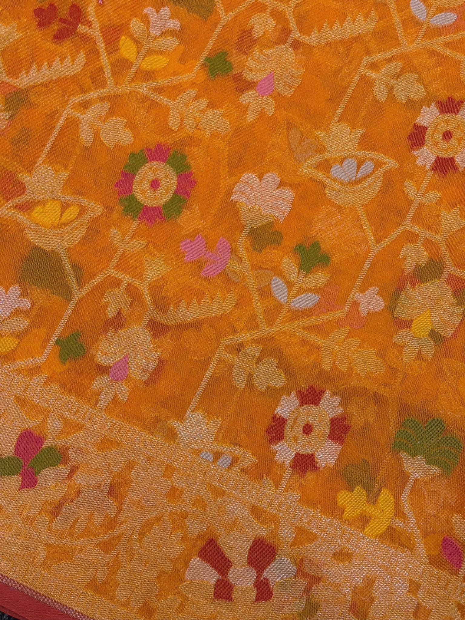 Handwoven Kora Jamdani Silk Saree – Orange with Floral Zari Border