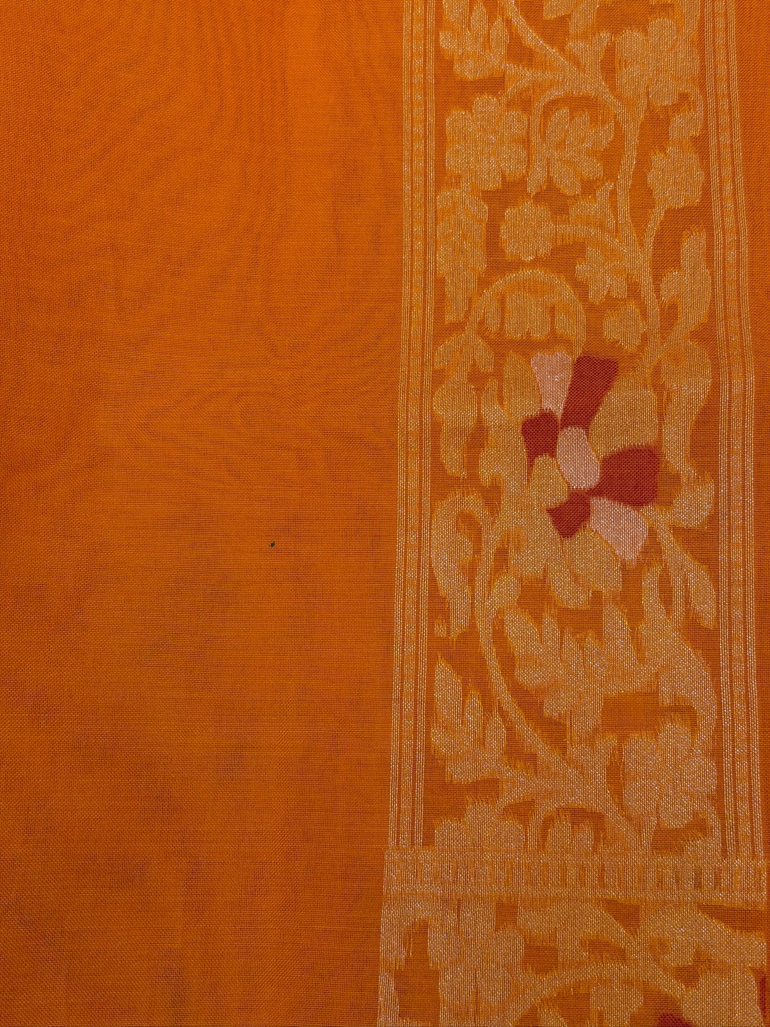 Handwoven Kora Jamdani Silk Saree – Orange with Floral Zari Border