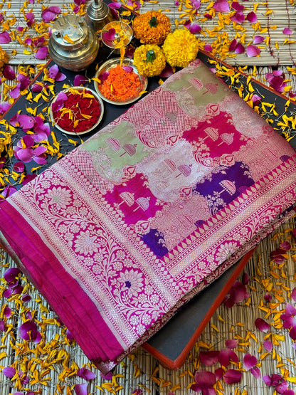 Rani Pink Banarasi Rangkaat Pure Silk Saree