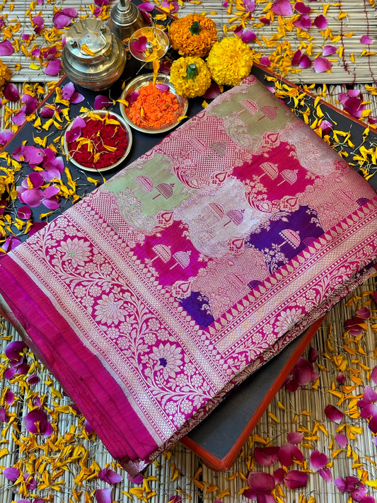 Rani Pink Banarasi Rangkaat Pure Silk Saree