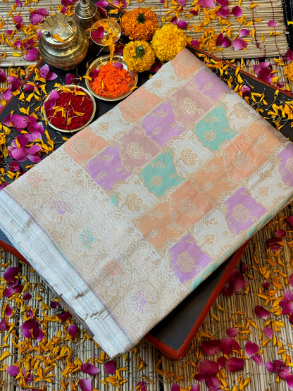 Ivory Banarasi Rangkaat Pure Silk Saree