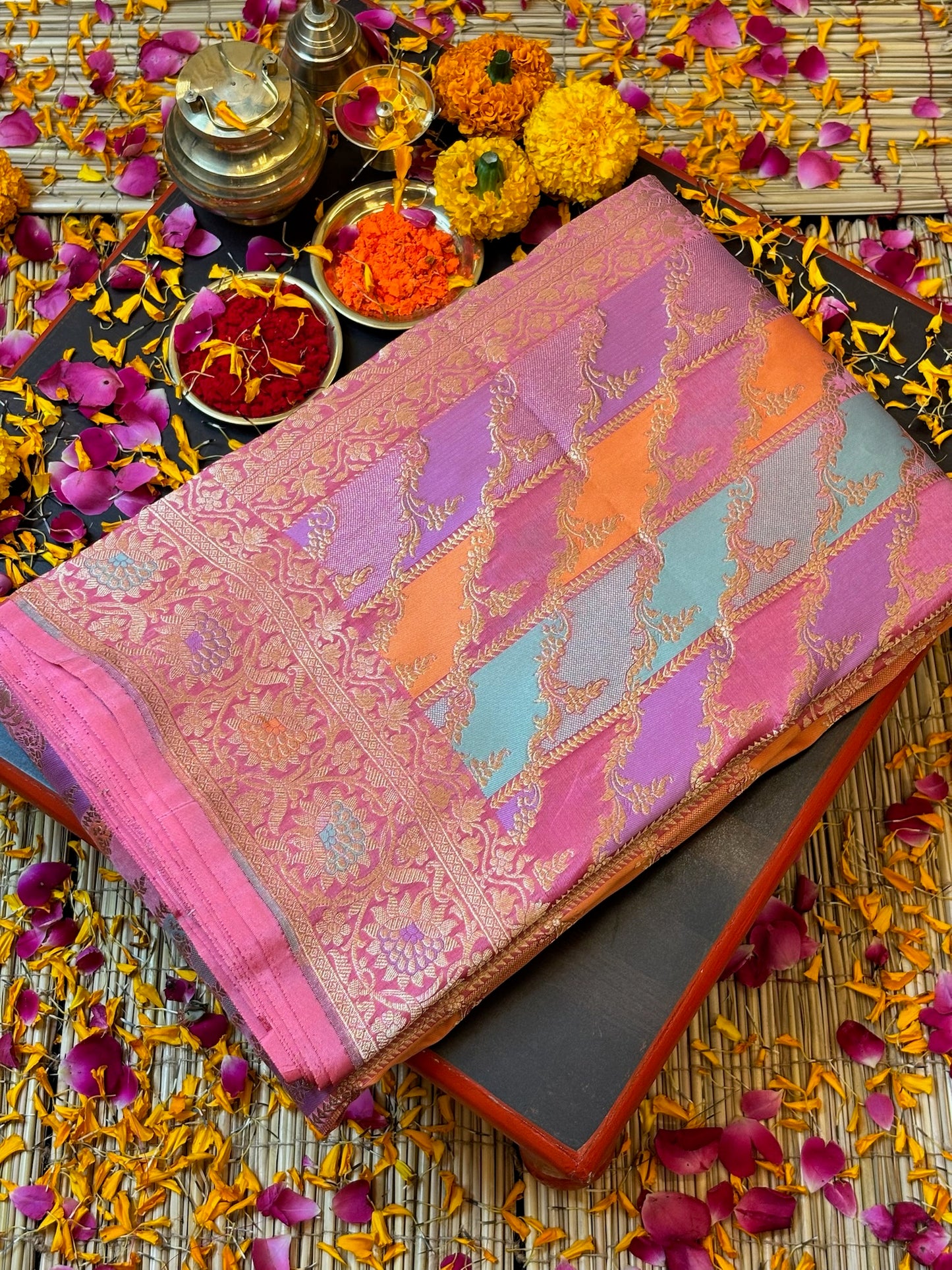 Peach Banarasi Rangkaat Pure Silk Saree