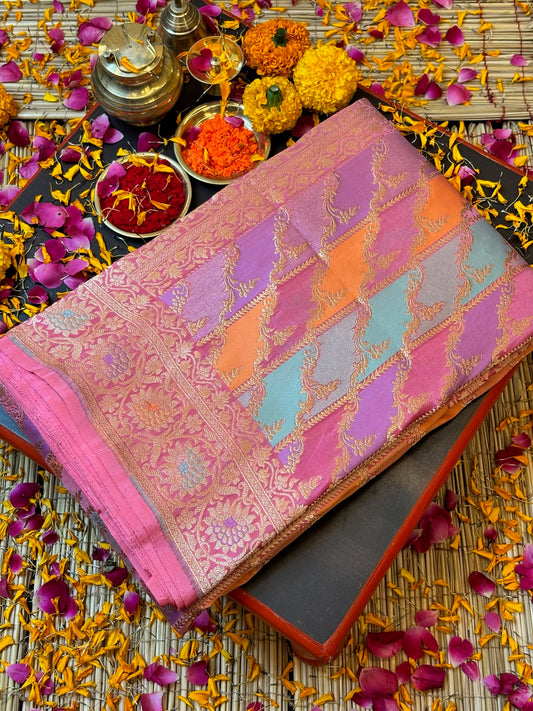 Peach Banarasi Rangkaat Pure Silk Saree