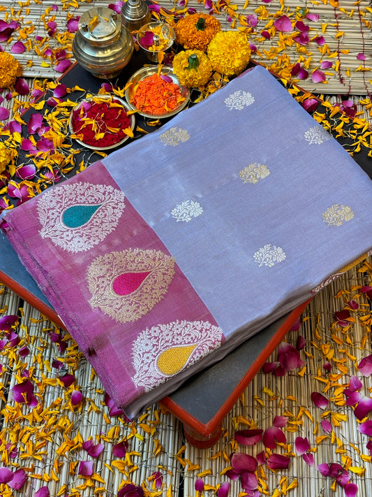 Silver mauve Handwoven Pure Banarasi Tissue Silk Saree