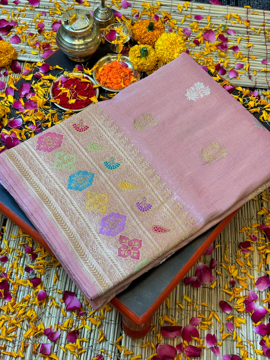 Rose Pink Handwoven Pure Banarasi Tissue Silk Saree