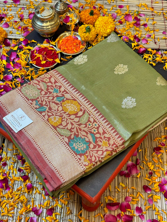 Moss green Handwoven Pure Banarasi Tissue Silk Saree