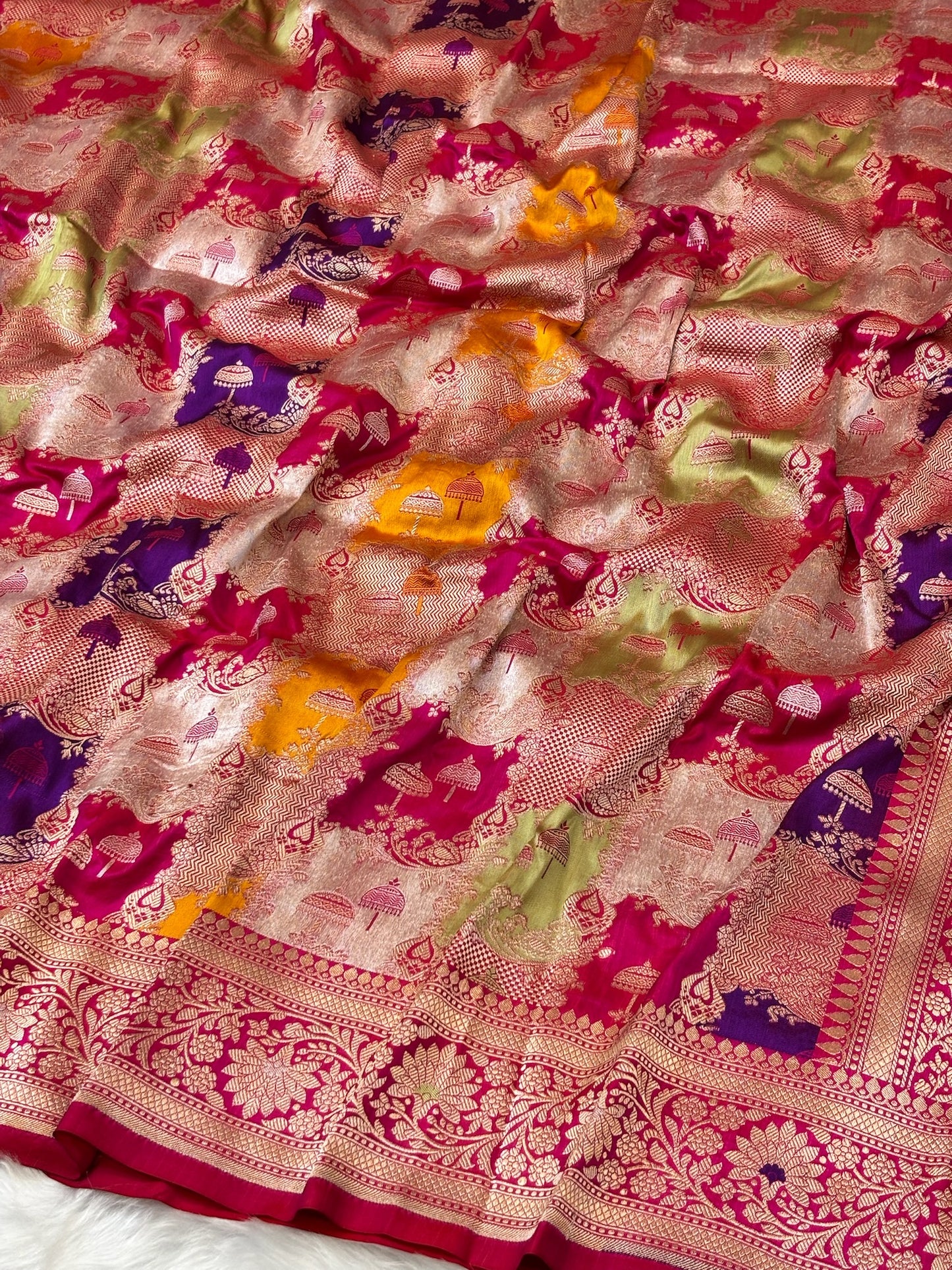 Rani Pink Banarasi Rangkaat Pure Silk Saree