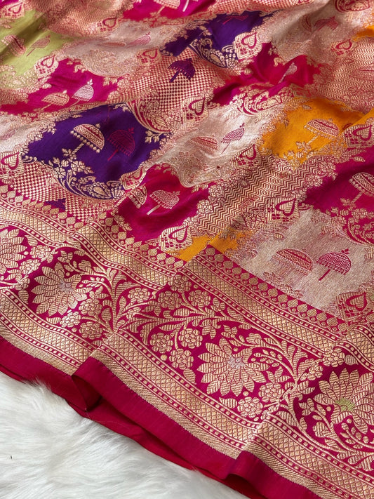 Rani Pink Banarasi Rangkaat Pure Silk Saree