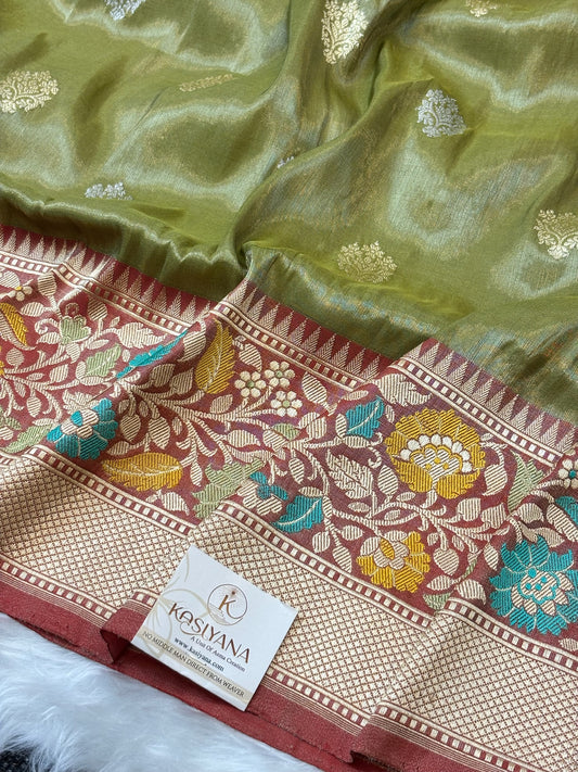 Moss green Handwoven Pure Banarasi Tissue Silk Saree