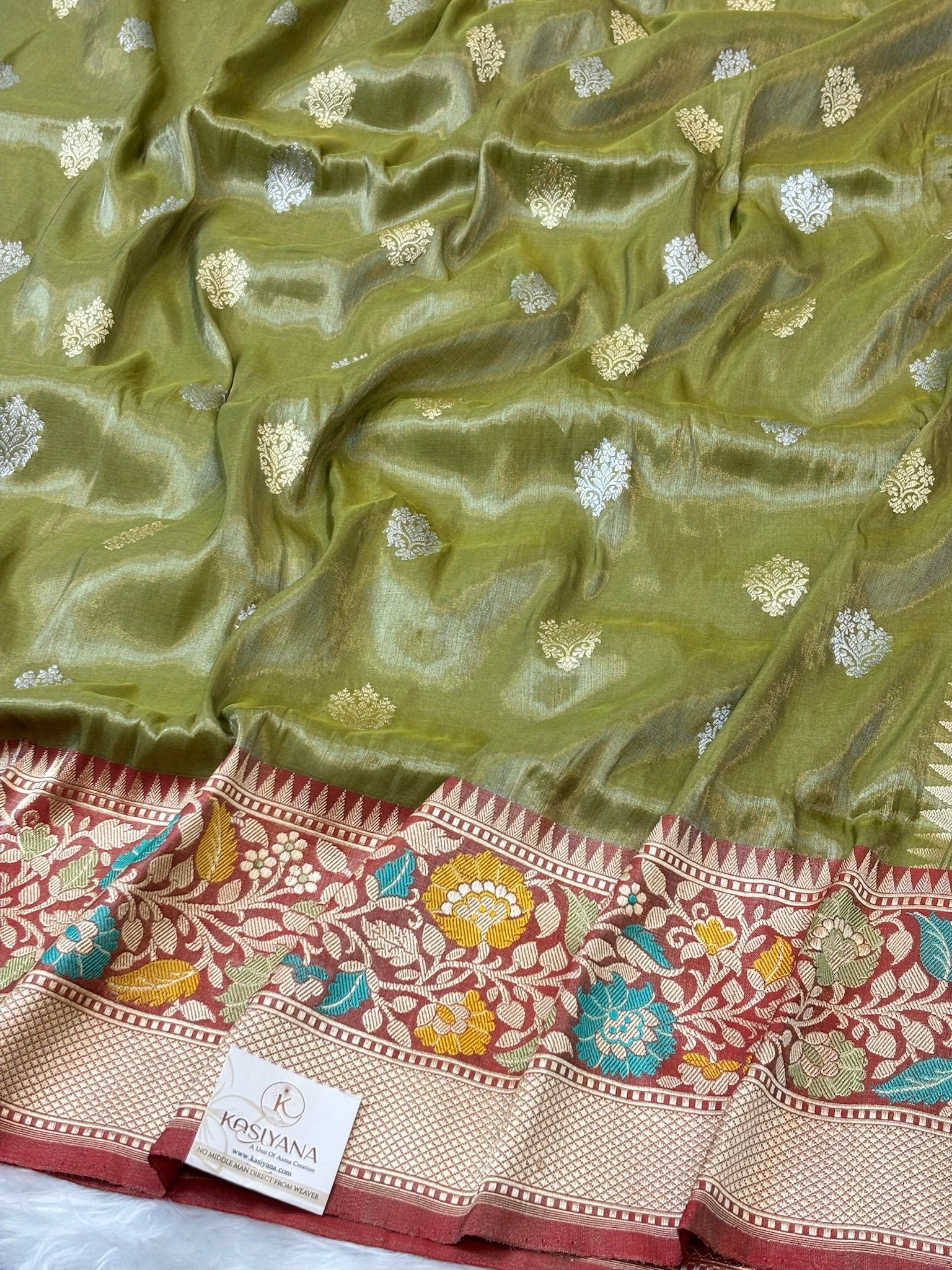 Moss green Handwoven Pure Banarasi Tissue Silk Saree