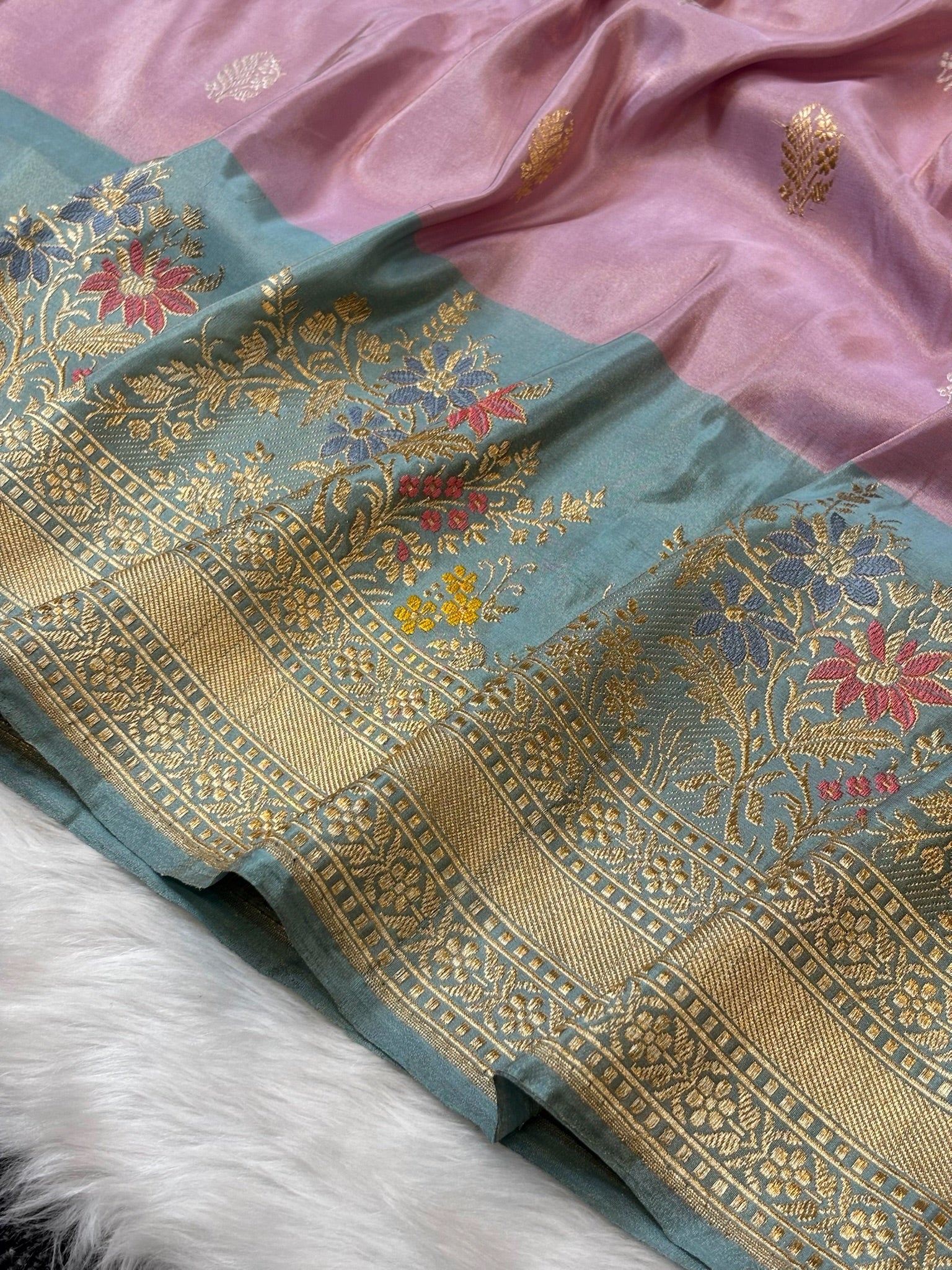 Blush Rose Pink Handwoven Pure Banarasi Tissue Silk Saree