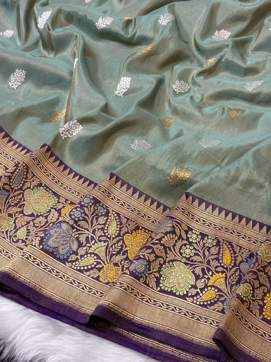 Ice Blue Handwoven Pure Banarasi Tissue Silk Saree