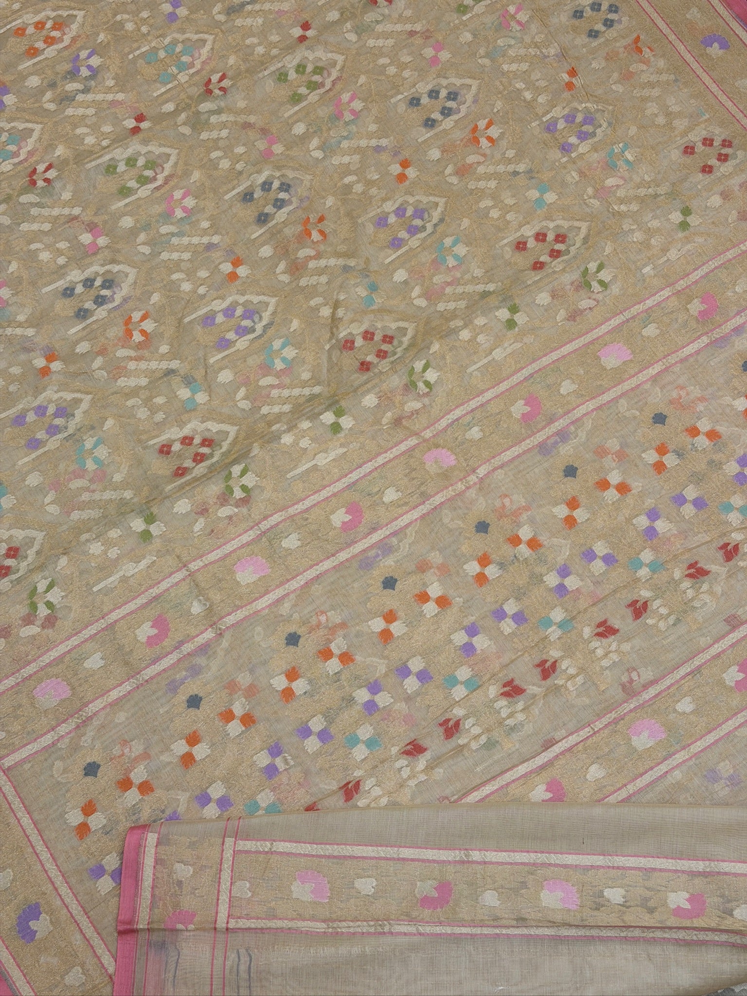 Pure Cotton Jamdani Saree | Elegant Beige Gold Design