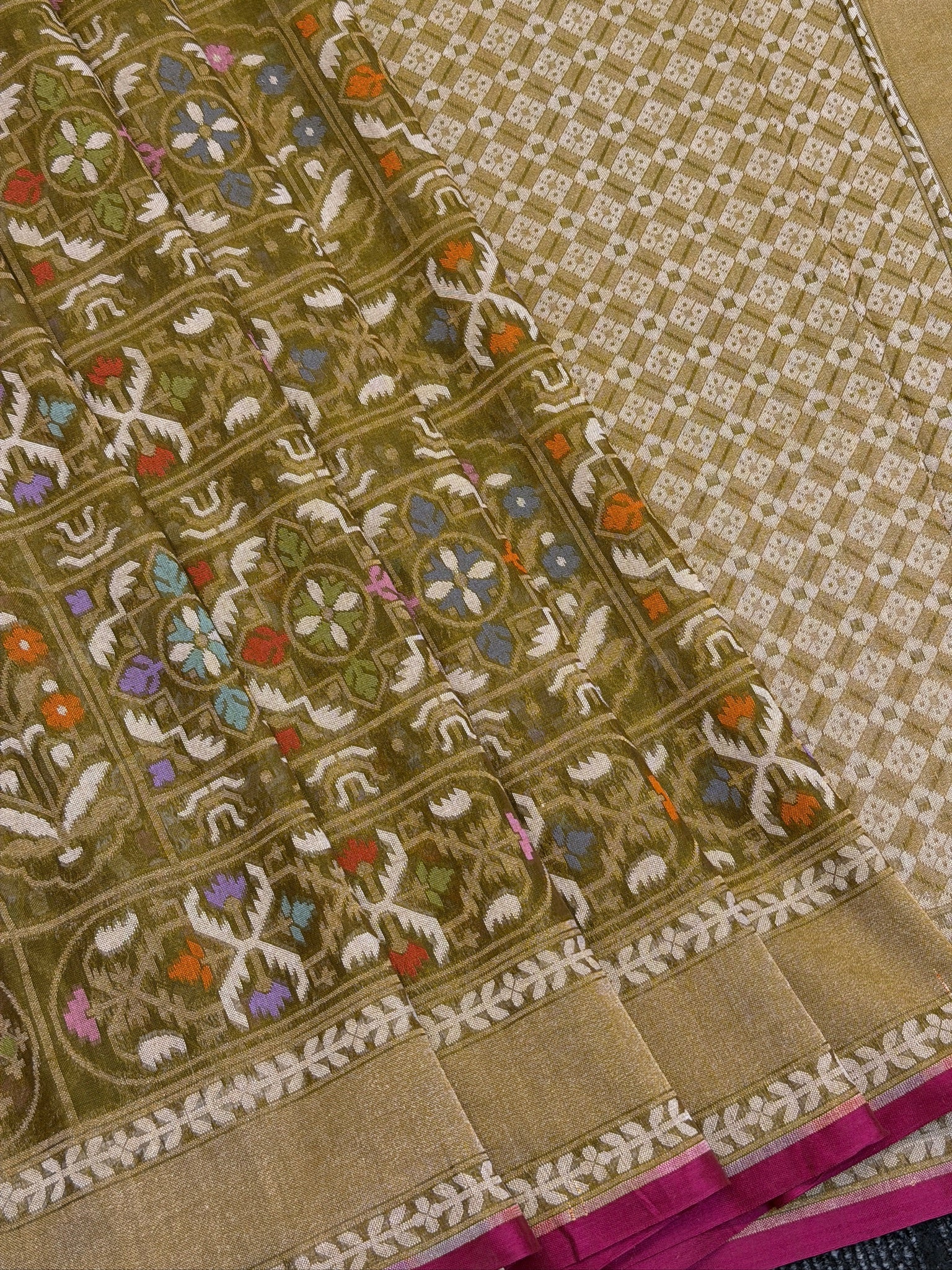 Pure Cotton Jamdani Saree | Elegant Mehndi Green Design