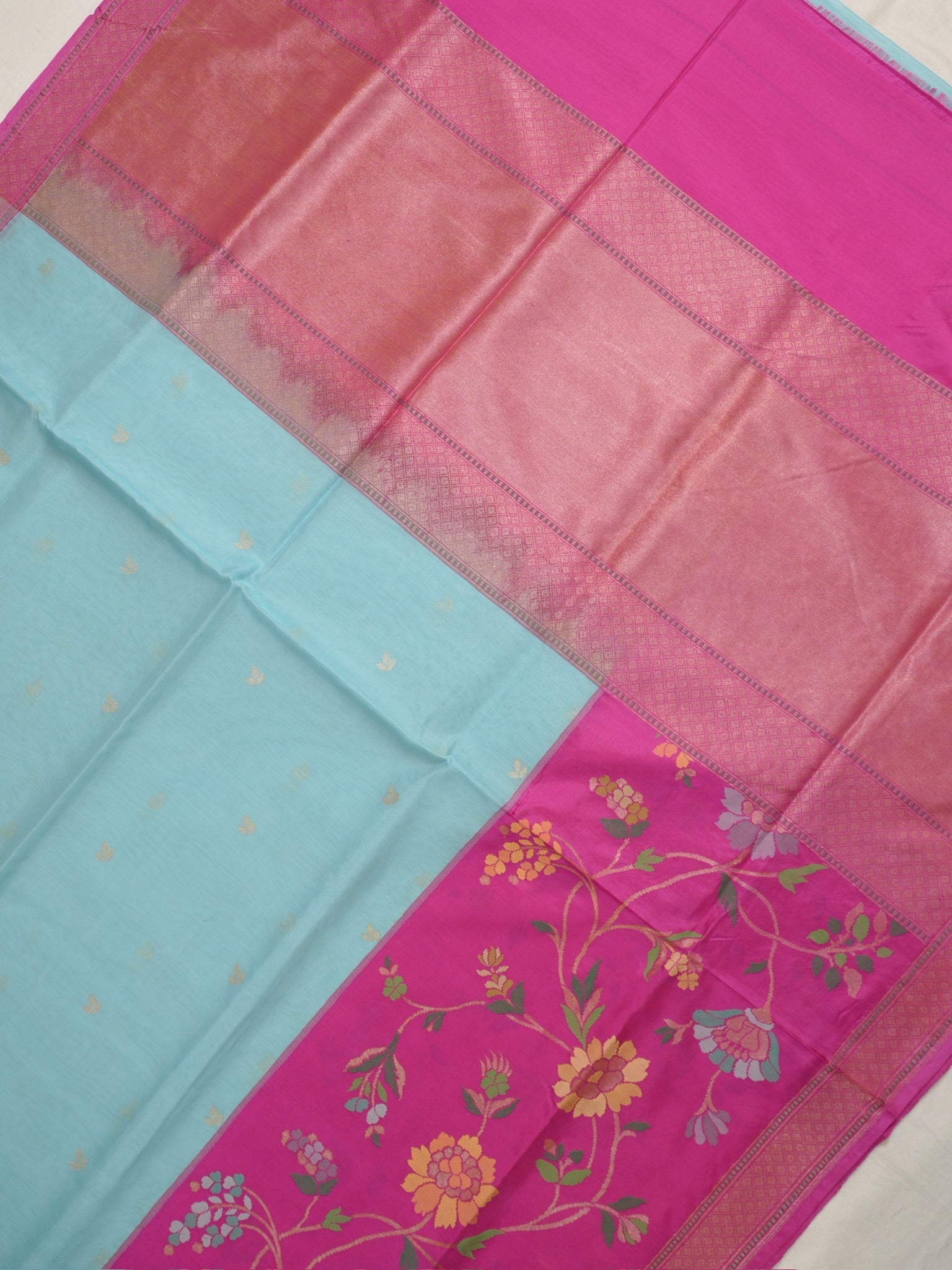 Blue Handwoven Organza Silk Saree with Floral Zari Borders