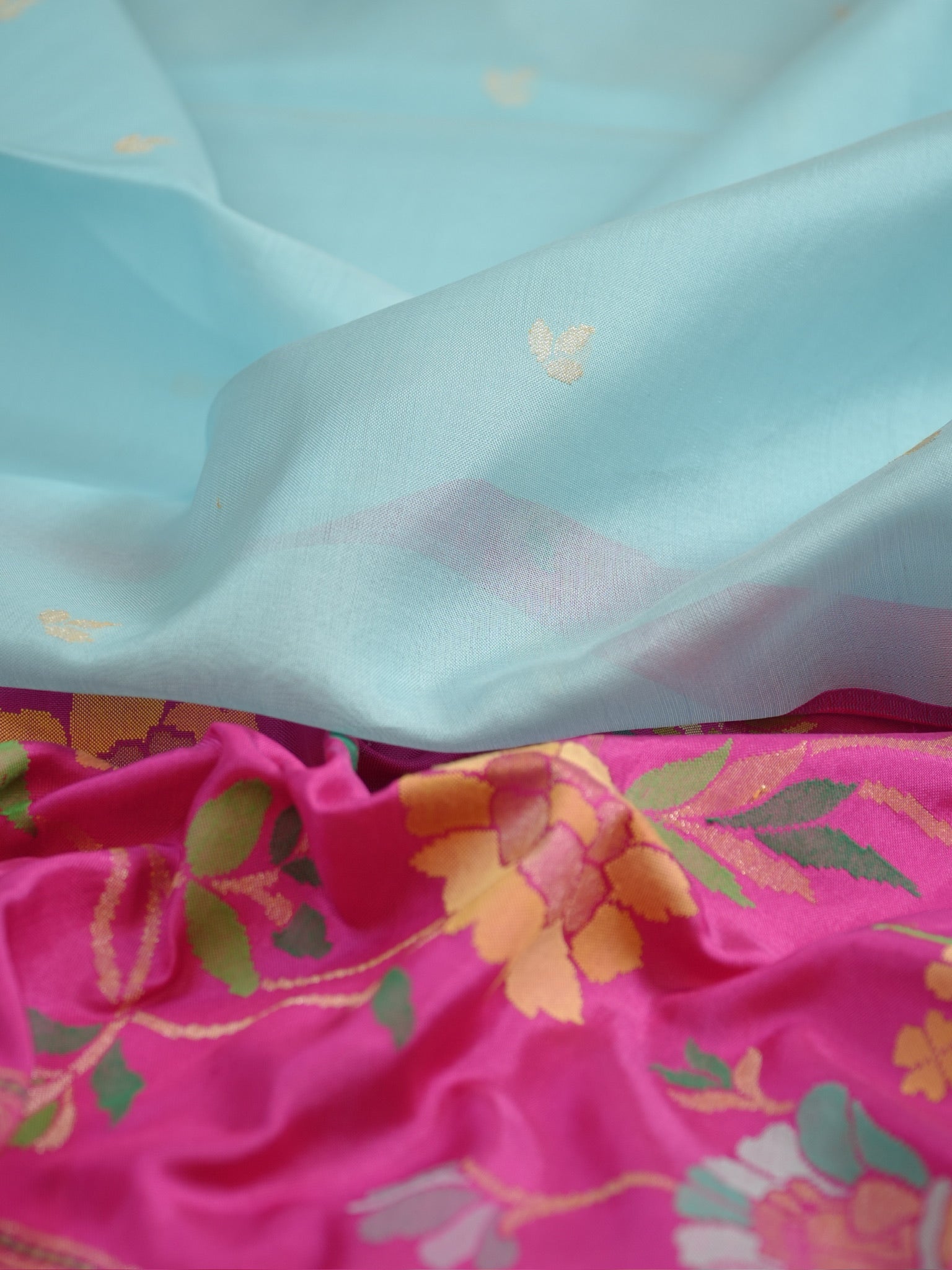 Blue Handwoven Organza Silk Saree with Floral Zari Borders
