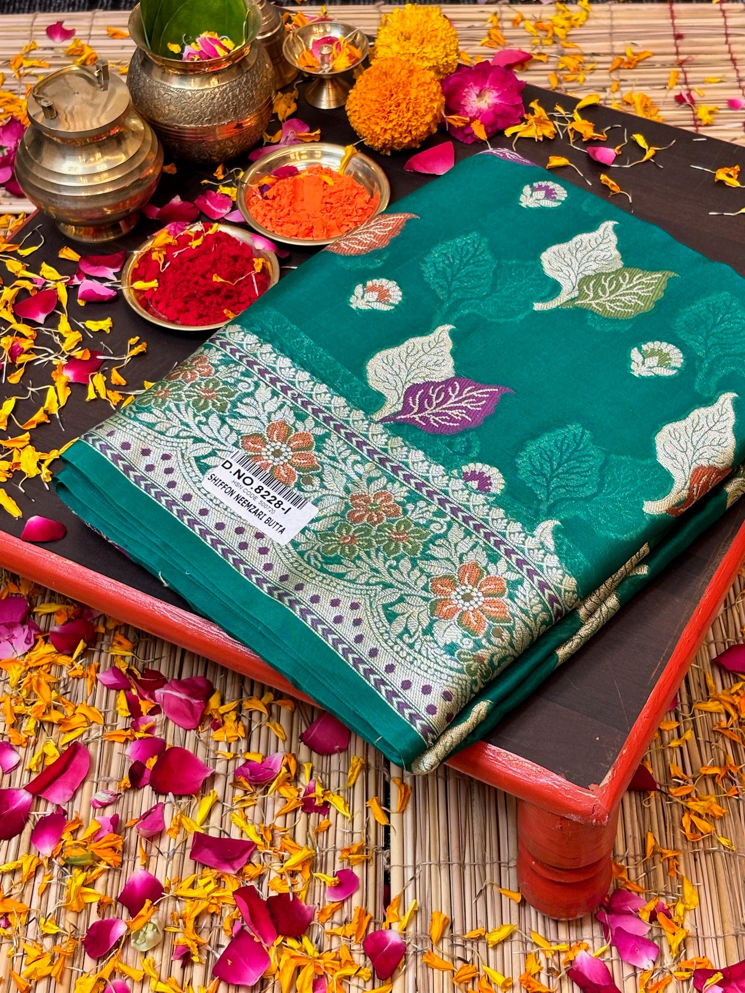 Pure Chiffon Silk Saree in Teal with Zari Border | Handcrafted Elegant Party Wear