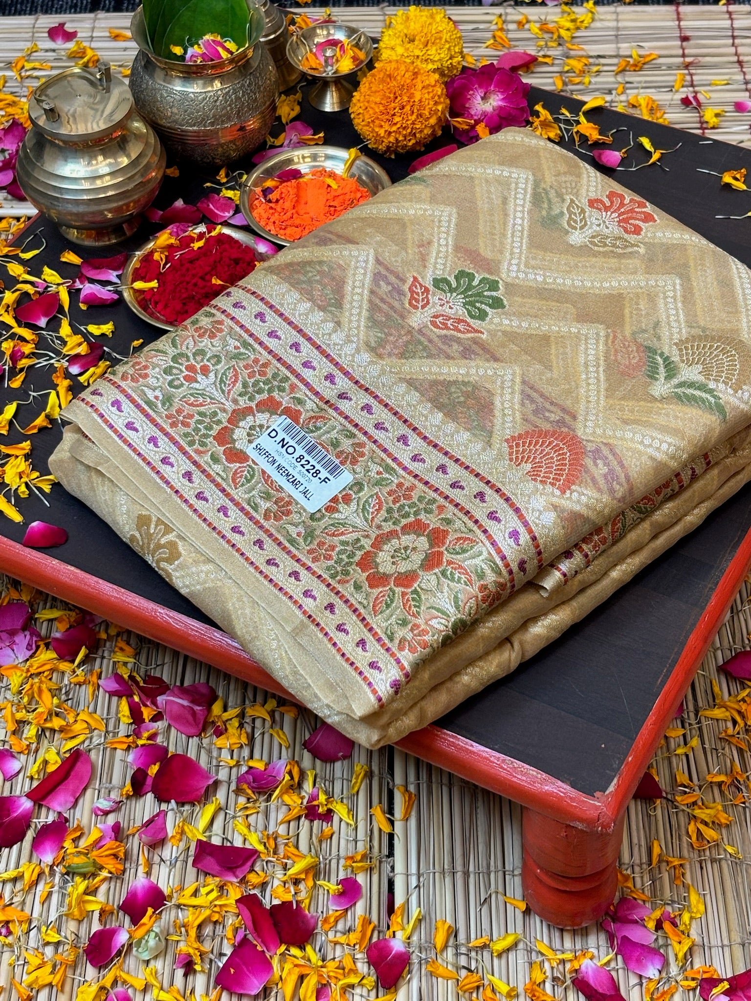 Pure Chiffon Silk Saree in Champagne Gold with Zari Border | Handcrafted Elegant Party Wear