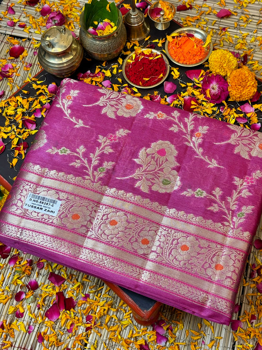 Blush Pink Pure Chiniya Silk Saree with Zari Weave Border | Elegant Festive & Wedding Wear