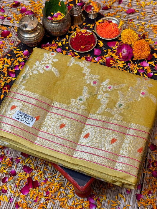 Yellow Pure Chiniya Silk Saree with Zari Weave Border | Elegant Festive & Wedding Wear