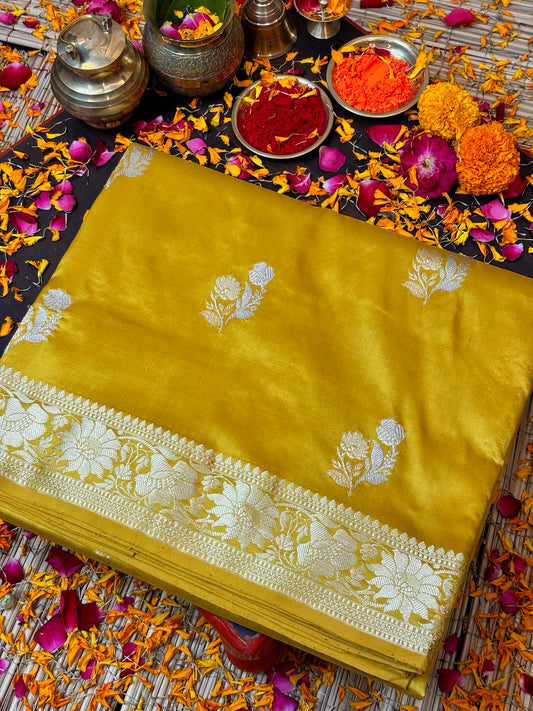Premium Zari Buti Yellow Saree with Intricate Gold Border | Elegant Ethnic Wear for Festive & Wedding