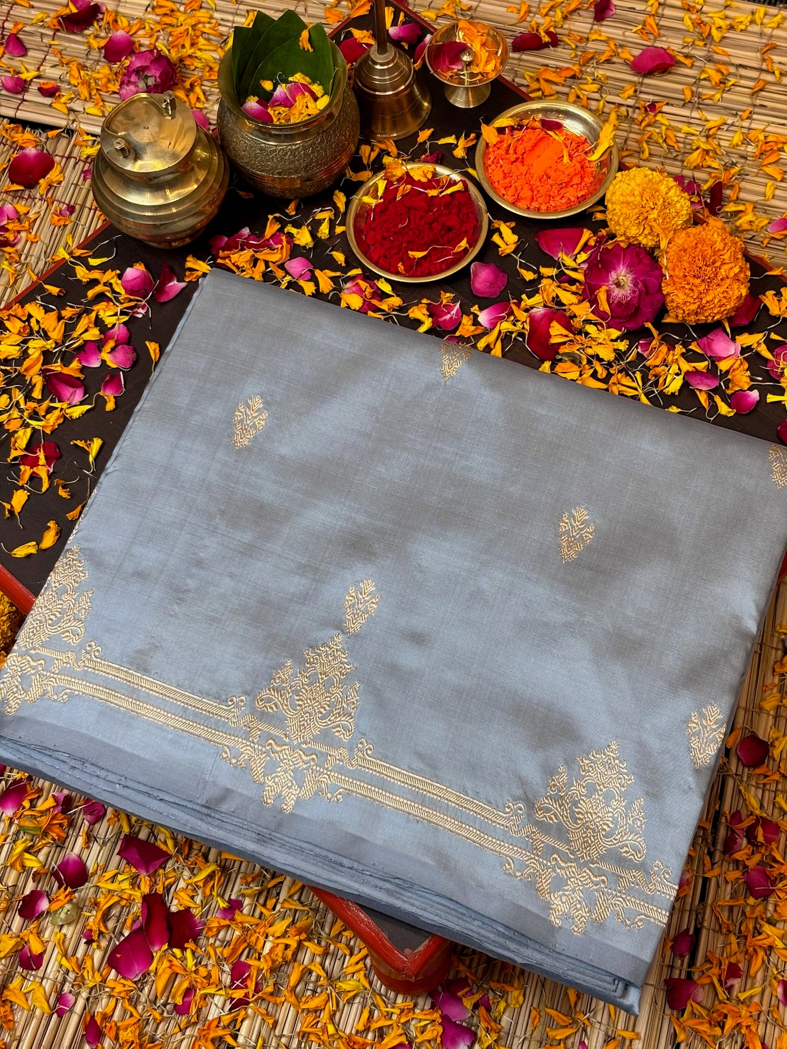 Premium Zari Buti Grey Saree with Intricate Gold Border | Elegant Ethnic Wear for Festive & Wedding