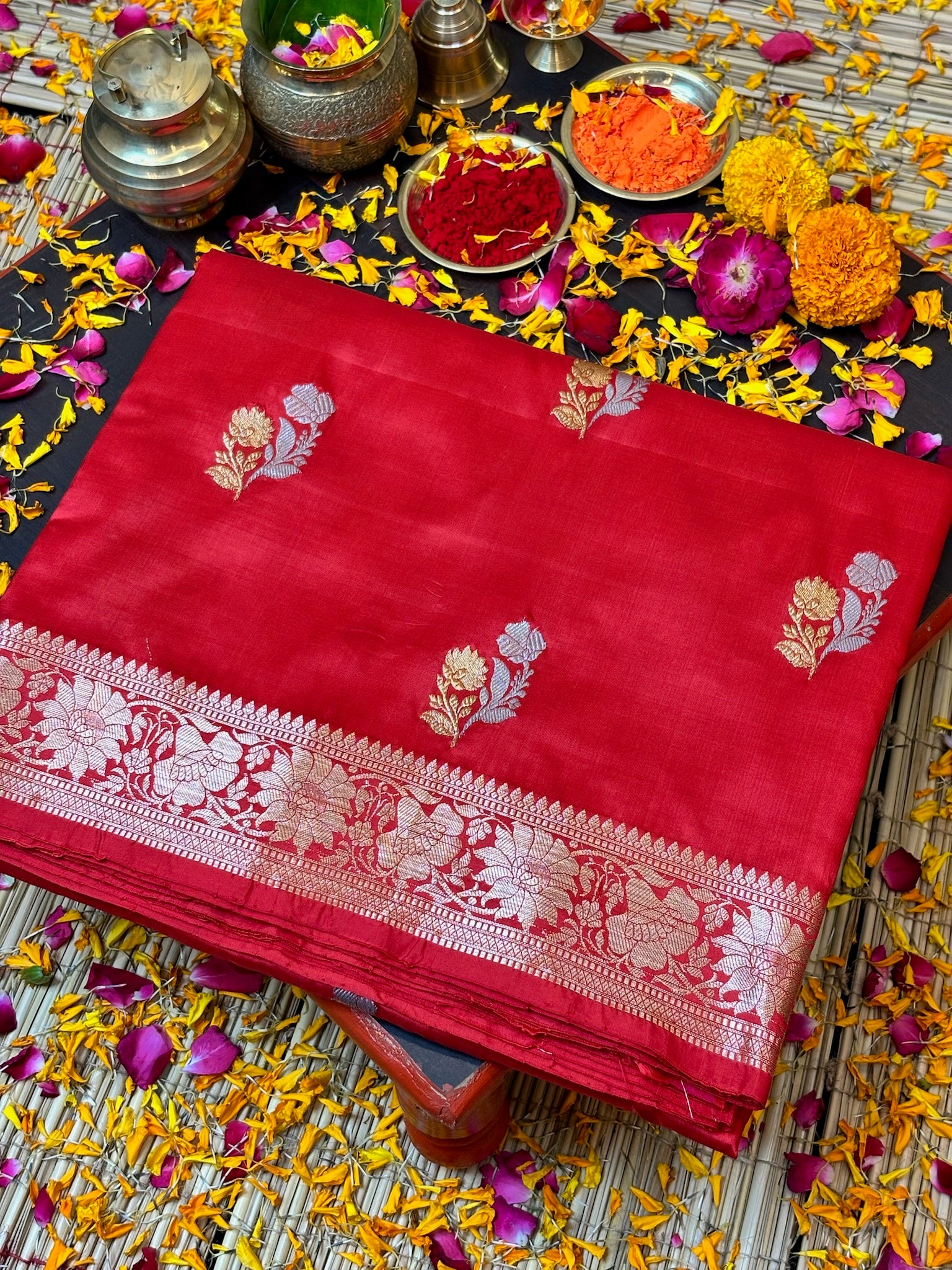 Premium Red Zari Buti Saree with Intricate Gold Border | Elegant Ethnic Wear for Festive & Wedding