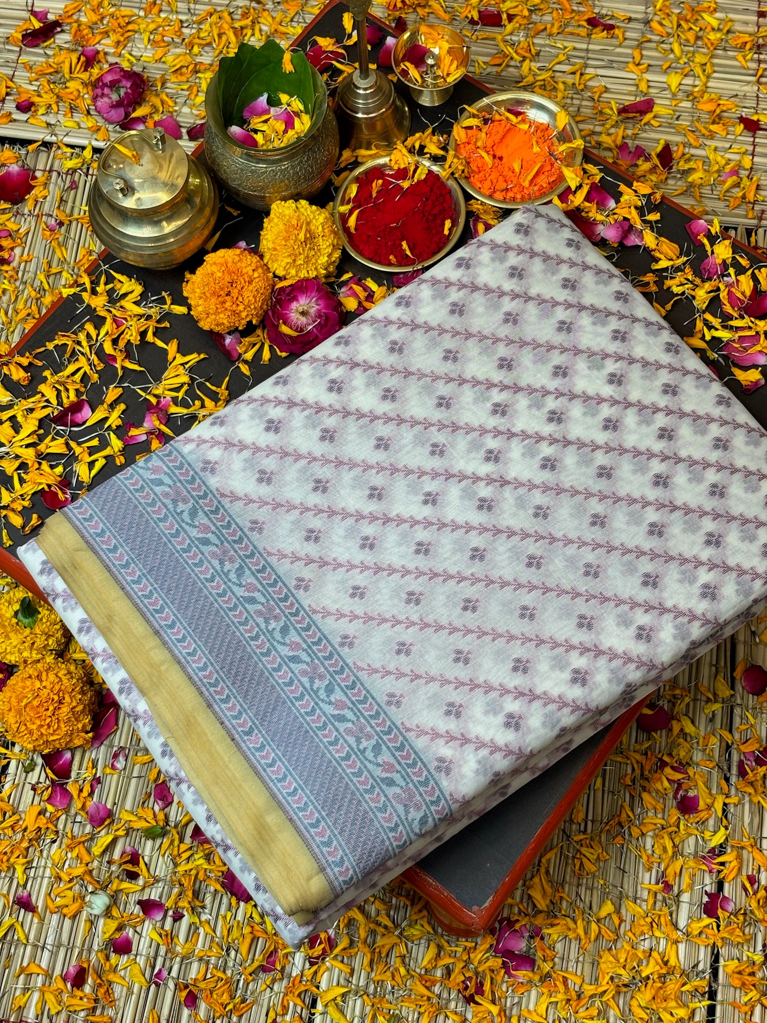 Pure Cotton Silk Saree in Soft Ivory with Floral Buti & Elegant Border