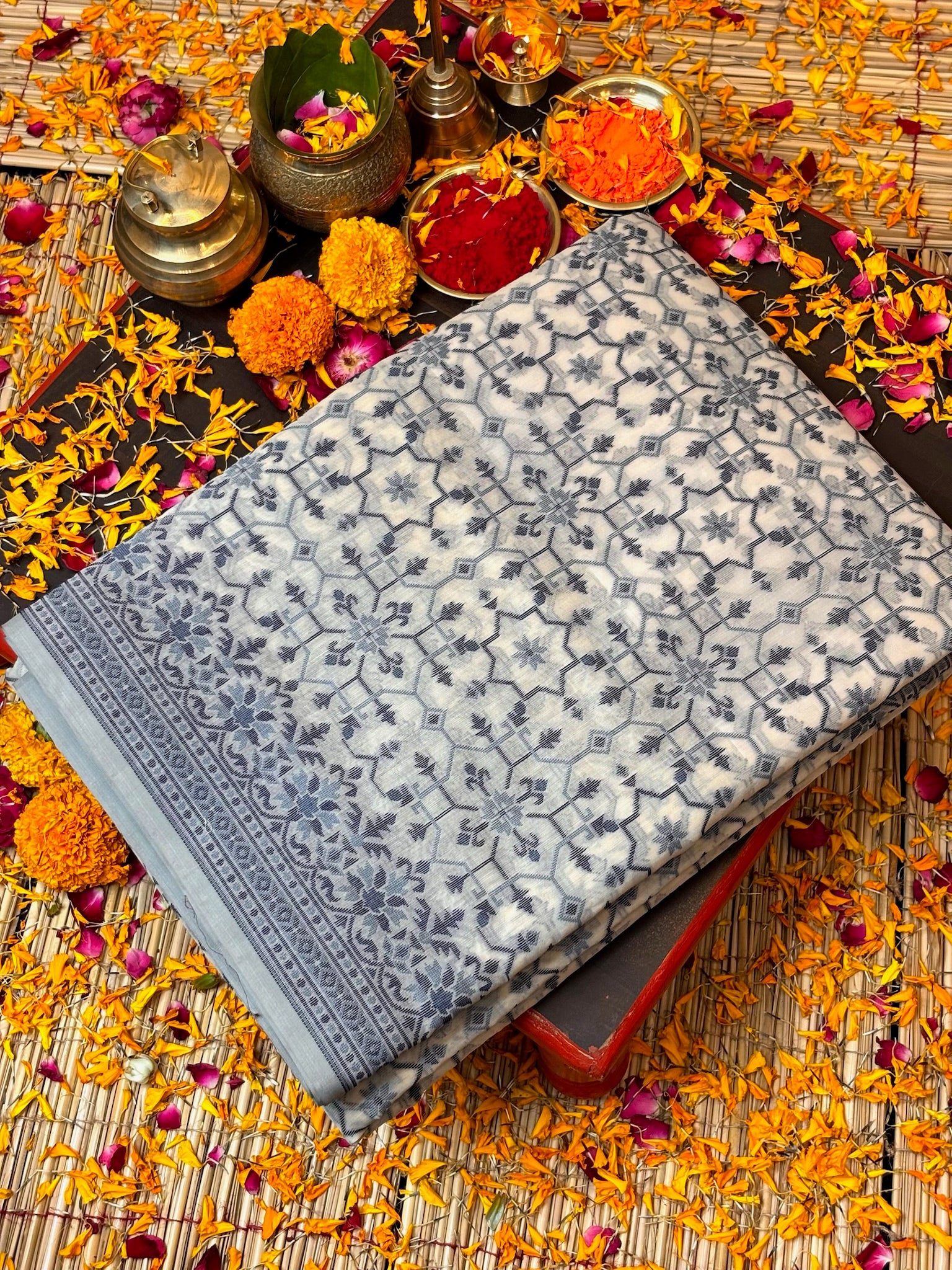 Pure Cotton Silk Saree in Soft Ivory with Floral Buti & Elegant Border