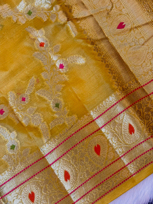 Yellow Pure Chiniya Silk Saree with Zari Weave Border | Elegant Festive & Wedding Wear
