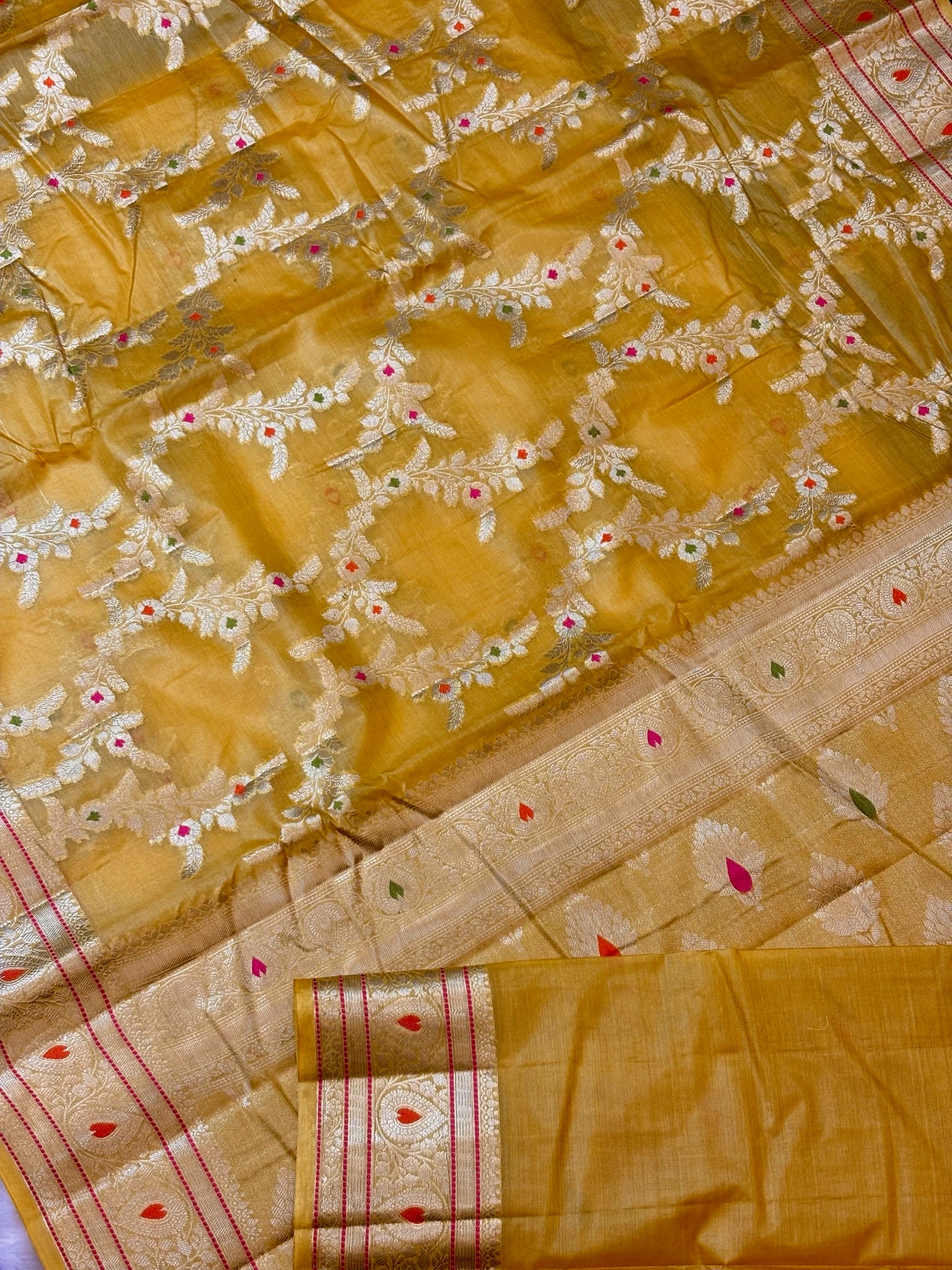 Yellow Pure Chiniya Silk Saree with Zari Weave Border | Elegant Festive & Wedding Wear